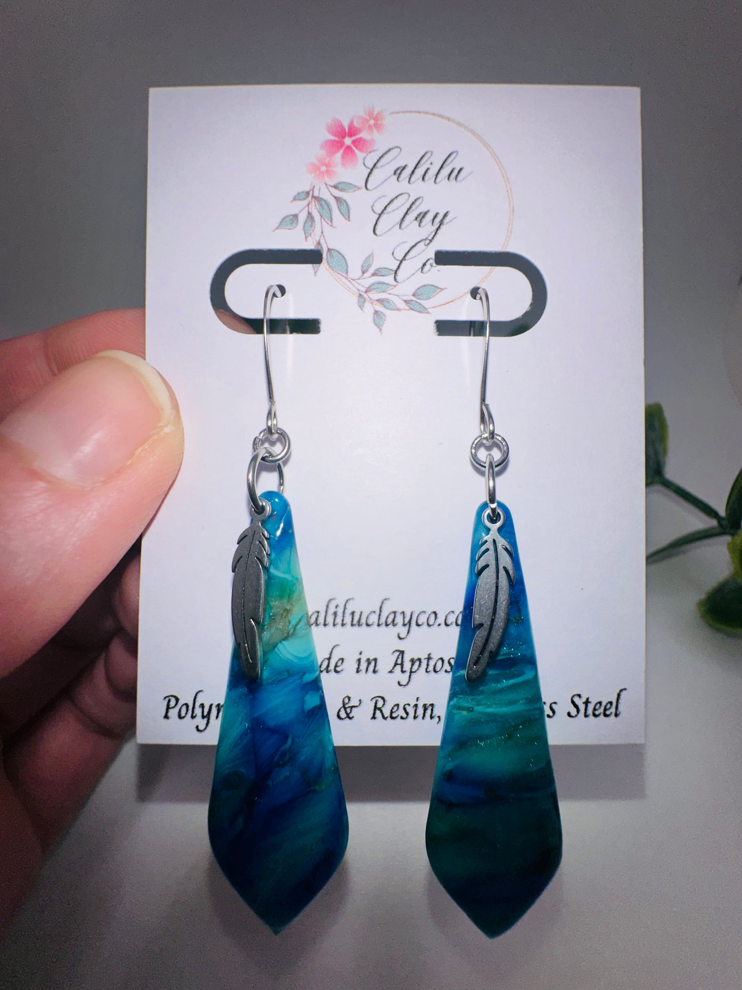 Marbled Ocean with Stainless Steel Feathers Dangle Earrings