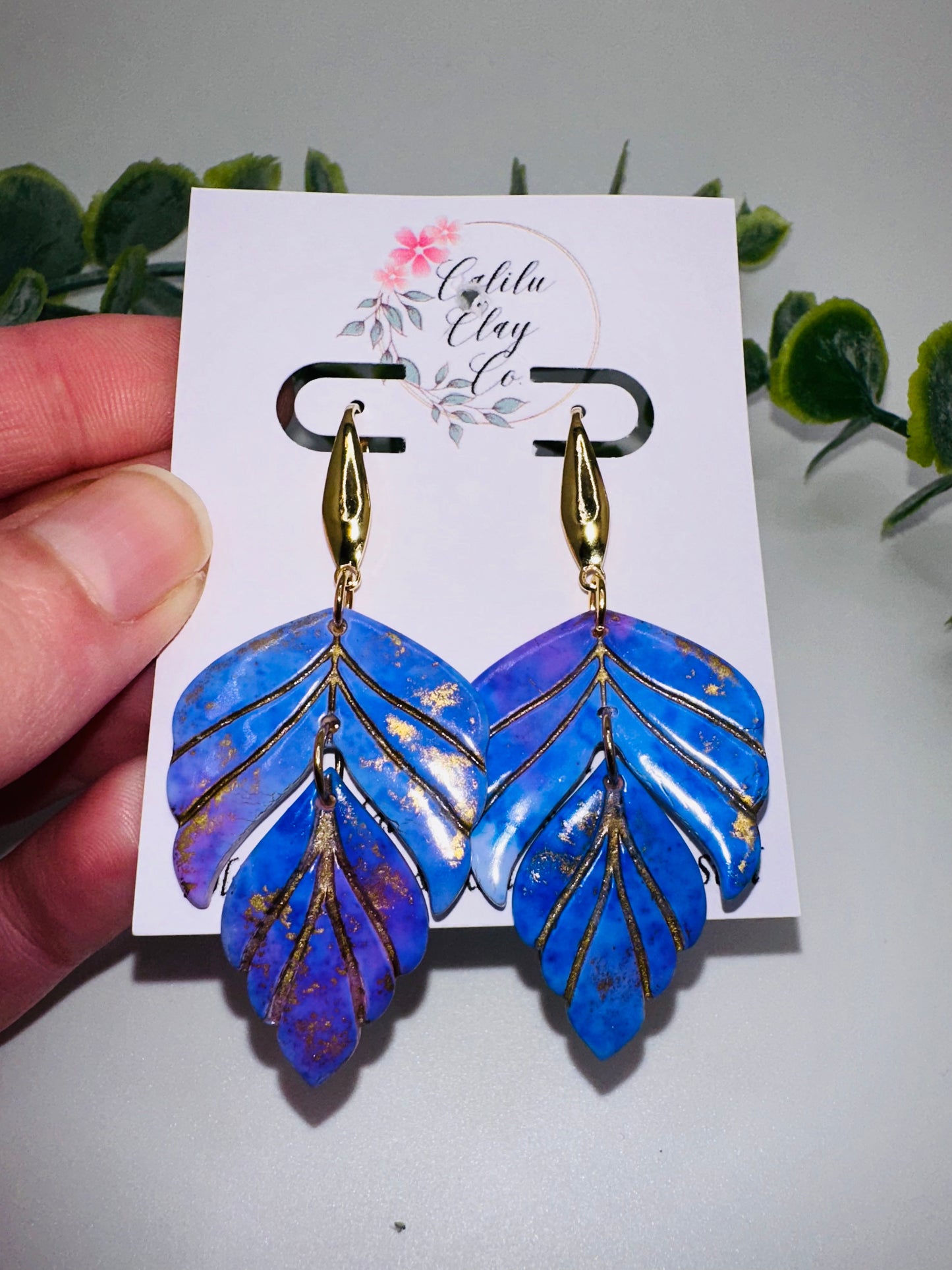 Purple and Gold Dangly Leaves Earrings