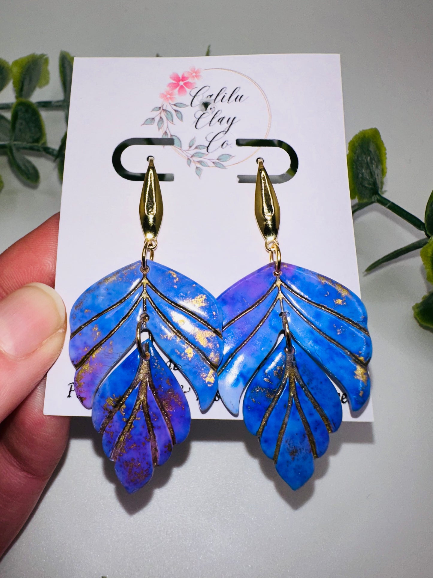 Purple and Gold Dangly Leaves Earrings