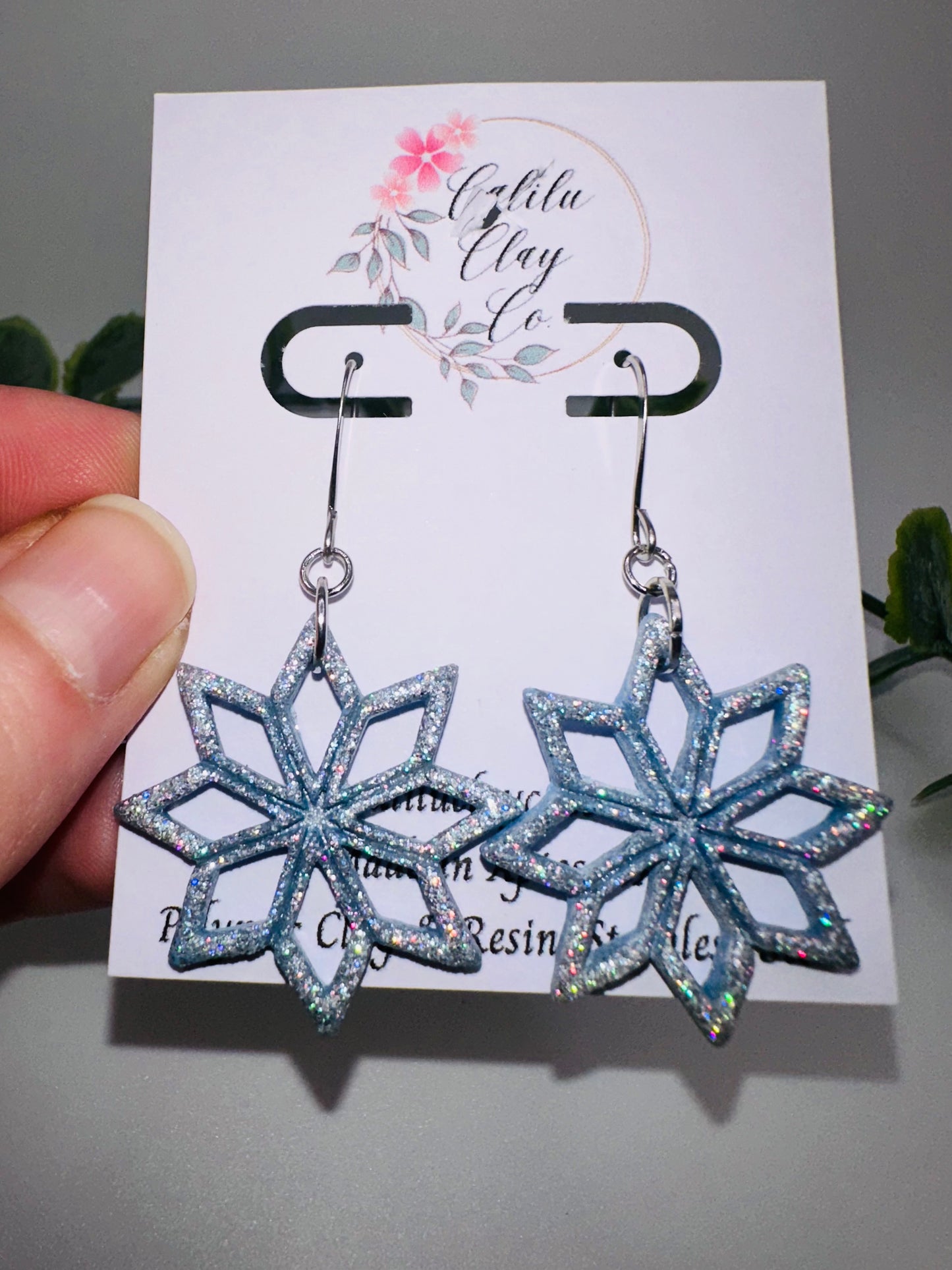 Silver/Blue Holographic Pointy Snowflake Dangles