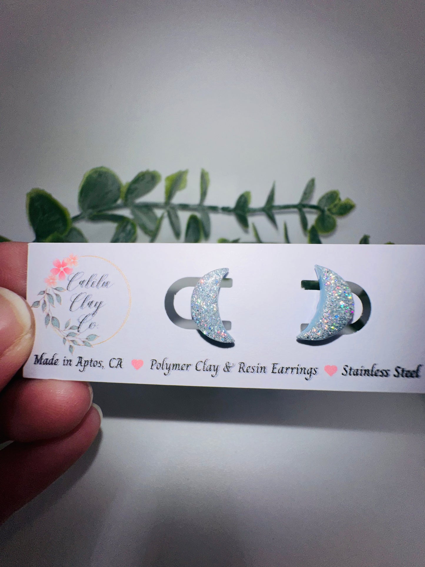 Silver/Blue Holographic Glitter Crescent Moon Studs / Post Earrings
