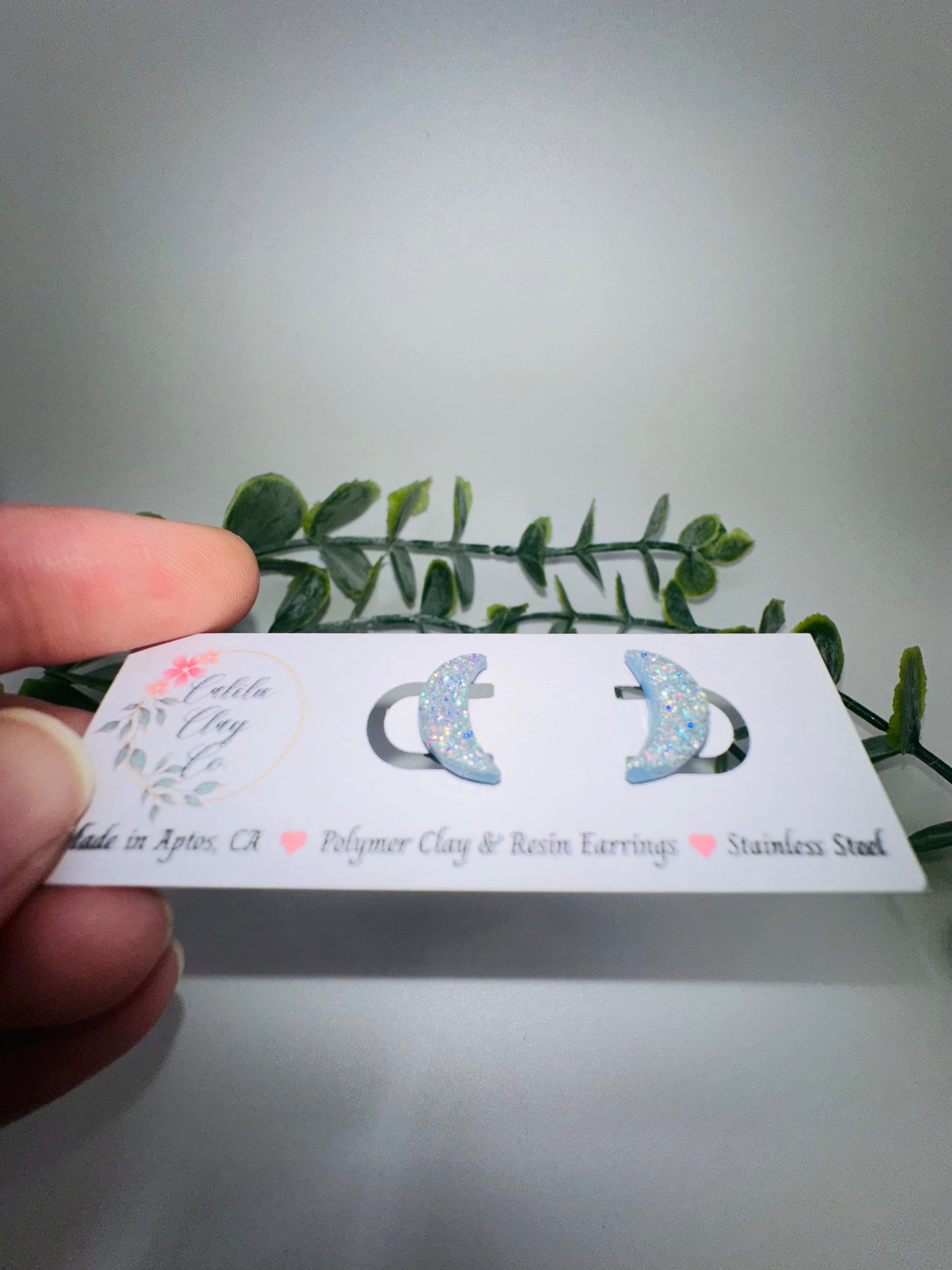 Silver/Blue Holographic Glitter Crescent Moon Studs / Post Earrings