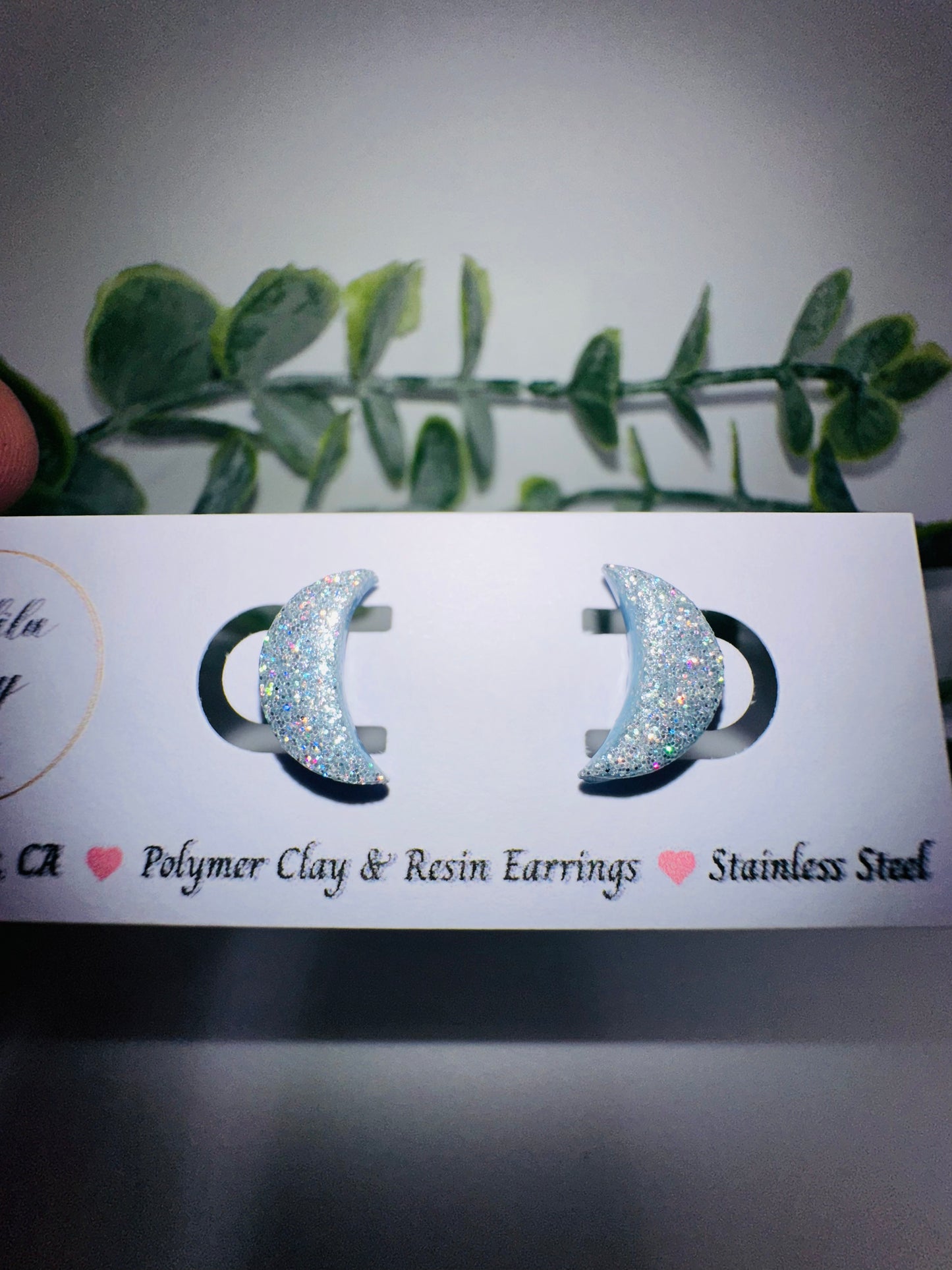 Silver/Blue Holographic Glitter Crescent Moon Studs / Post Earrings