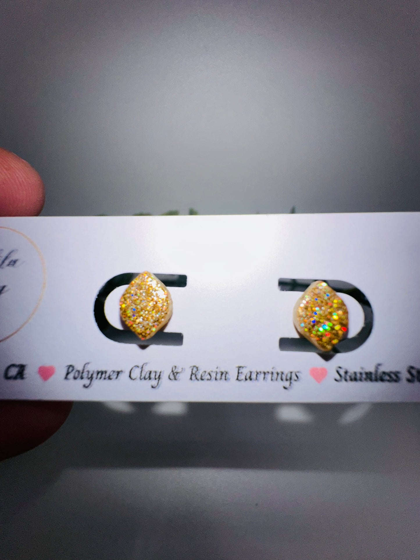 Tiny Gold Holographic Glitter Rounded Diamond Studs / Post Earrings