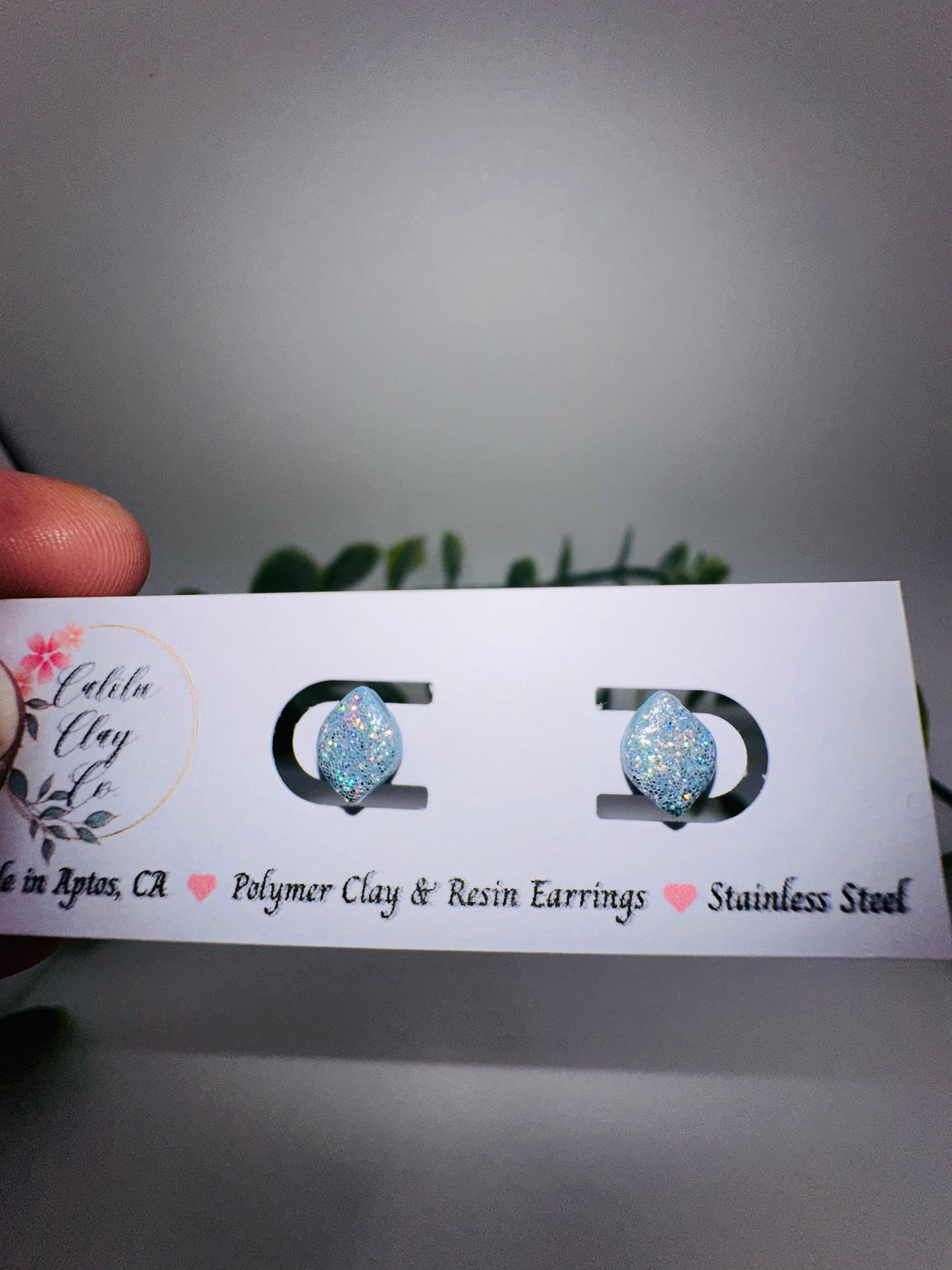 Tiny Silver/Winter Blue Holographic Glitter Rounded Diamond Studs / Post Earrings