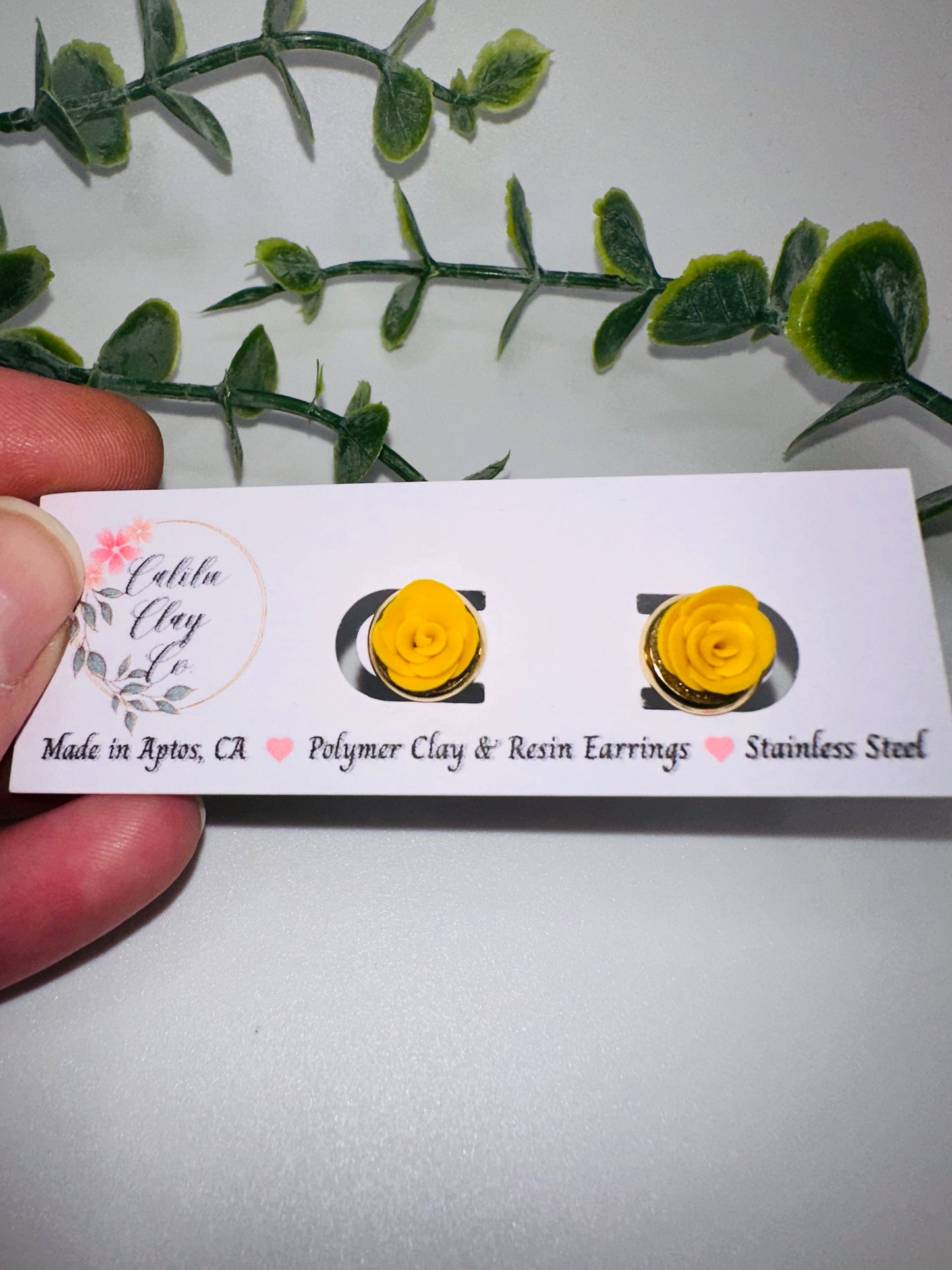Yellow Hand-Sculpted Rose Studs / Post Earrings