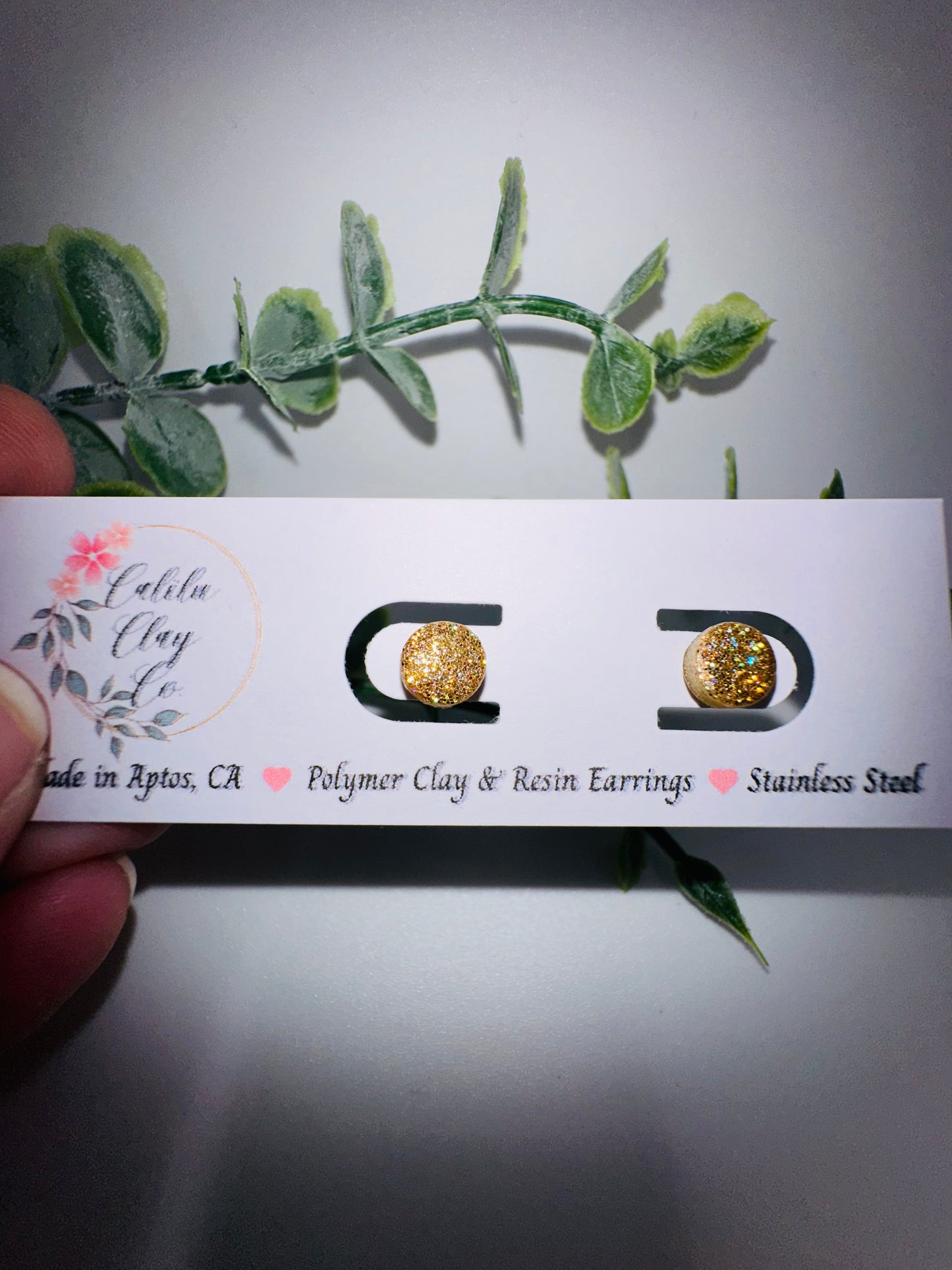 Tiny Gold Holographic Glitter Round Studs / Post Earrings