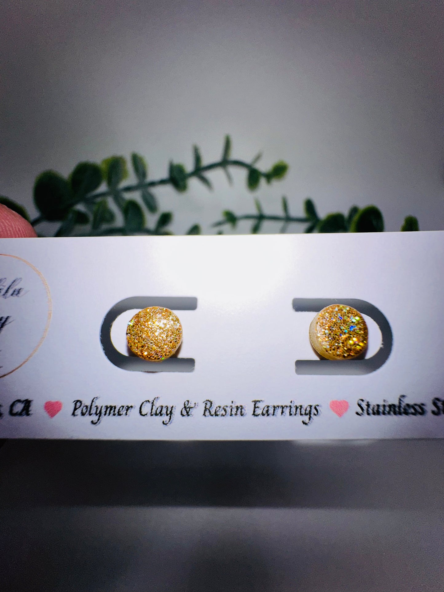 Tiny Gold Holographic Glitter Round Studs / Post Earrings