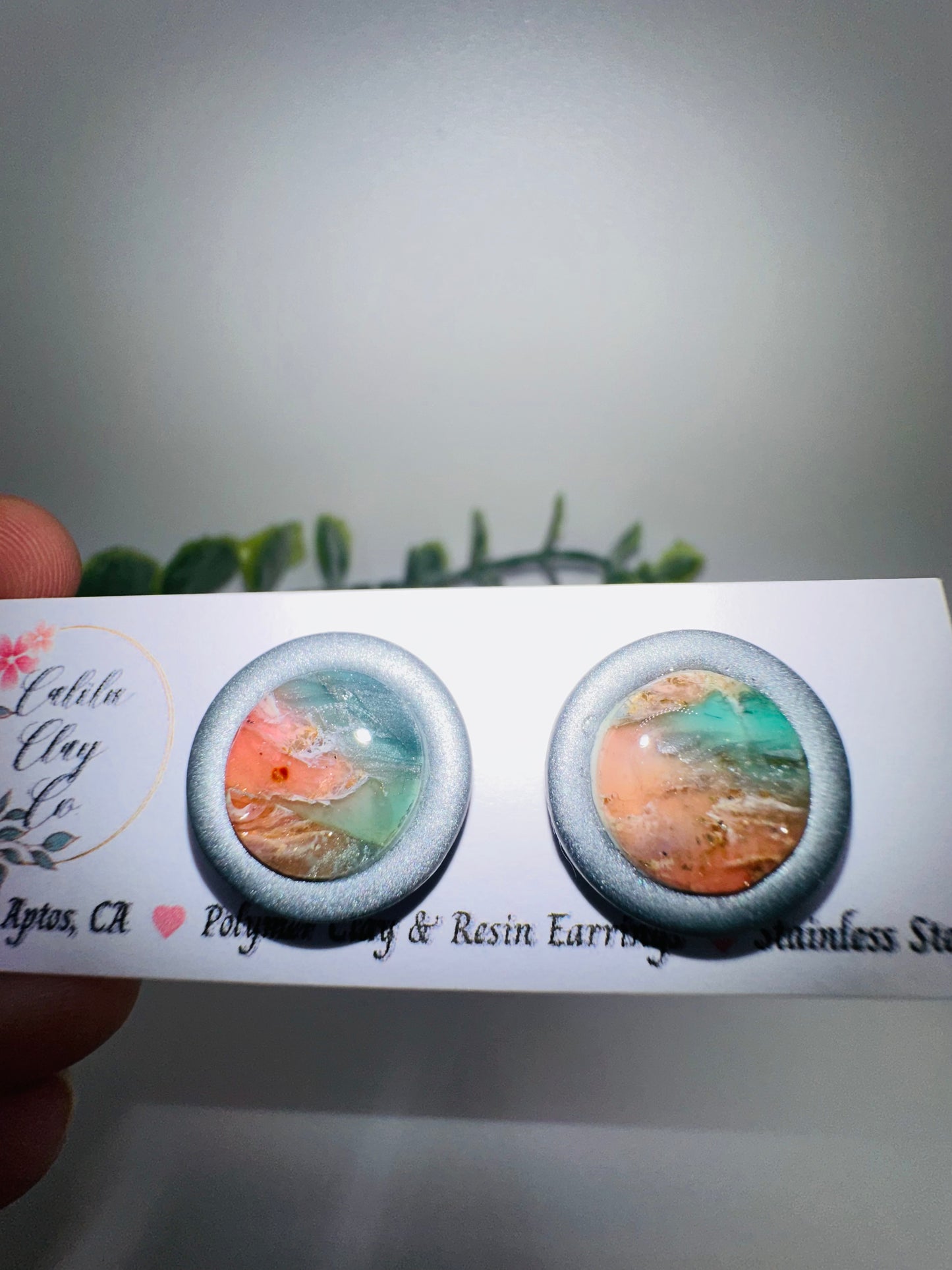 Round Pink and Blue Ocean Inspired Studs / Post Earrings