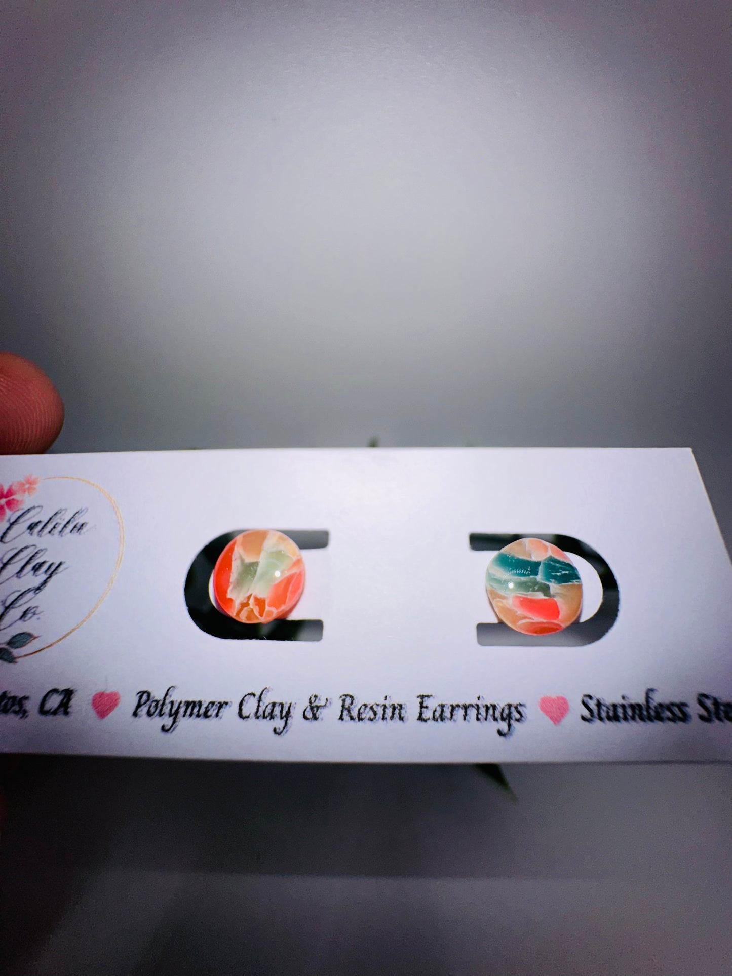 Tiny Teal and Salmon Marbled Jelly Studs / Post Earrings