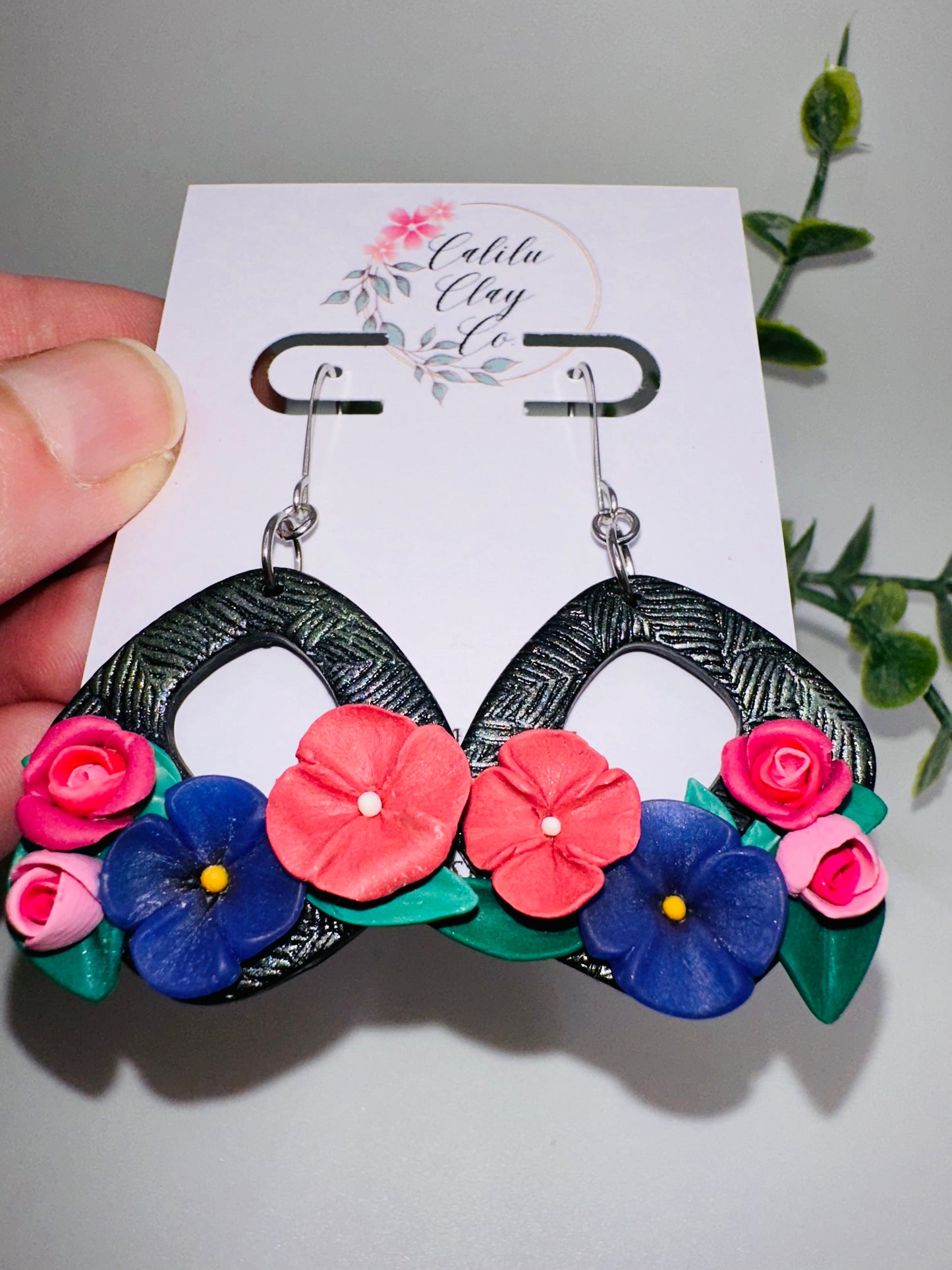 Pink and Purple Floral Bouquet on Square Hoop Dangles