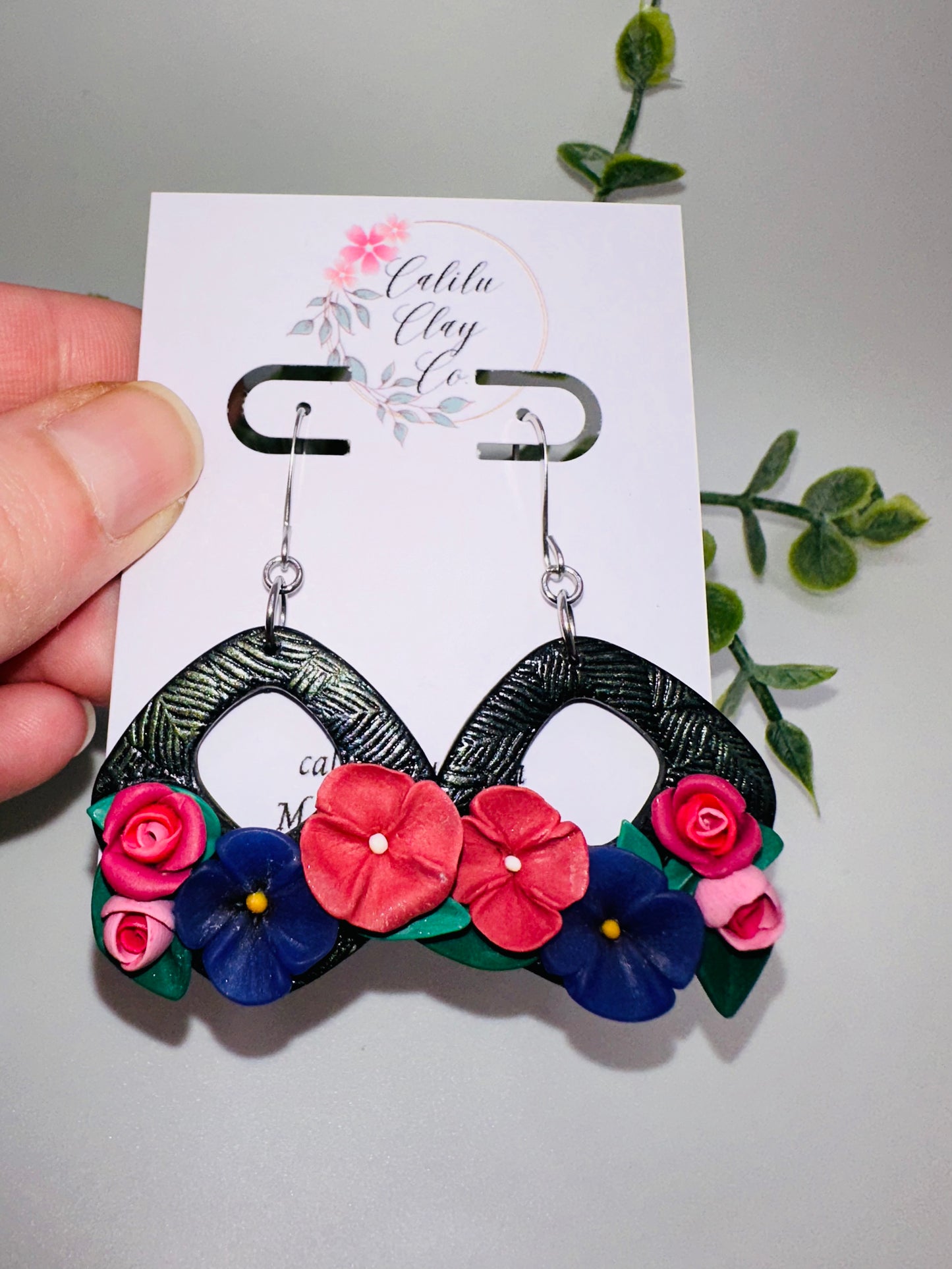 Pink and Purple Floral Bouquet on Square Hoop Dangles