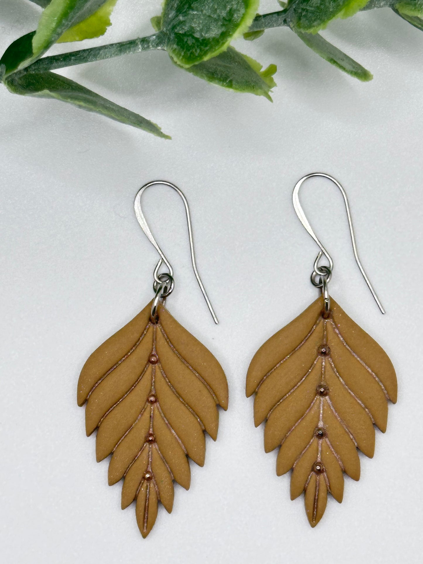 Tan Elegant Leaf Dangles Earrings with Stainless Steel Accents