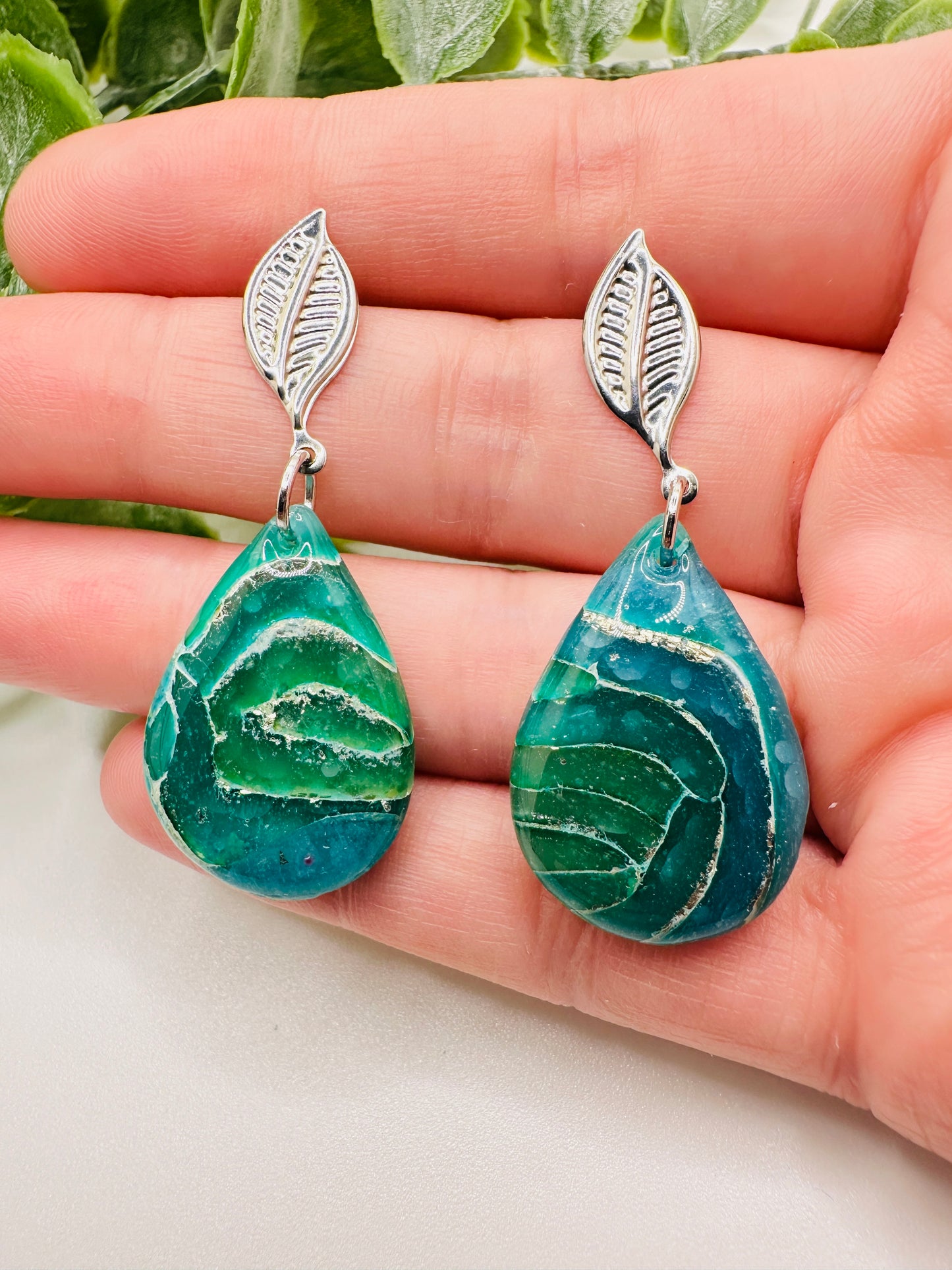 Green Marbled Leaf Dangles Earrings
