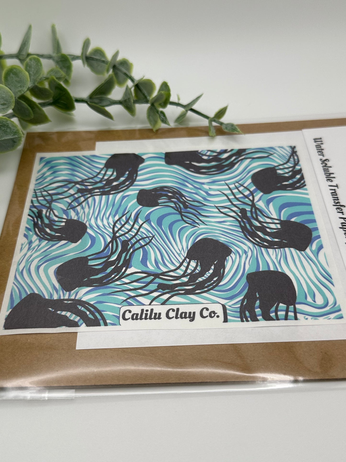 Jellyfish and Teal Swirls Polymer Clay Water-Soluble Transfer Sheet