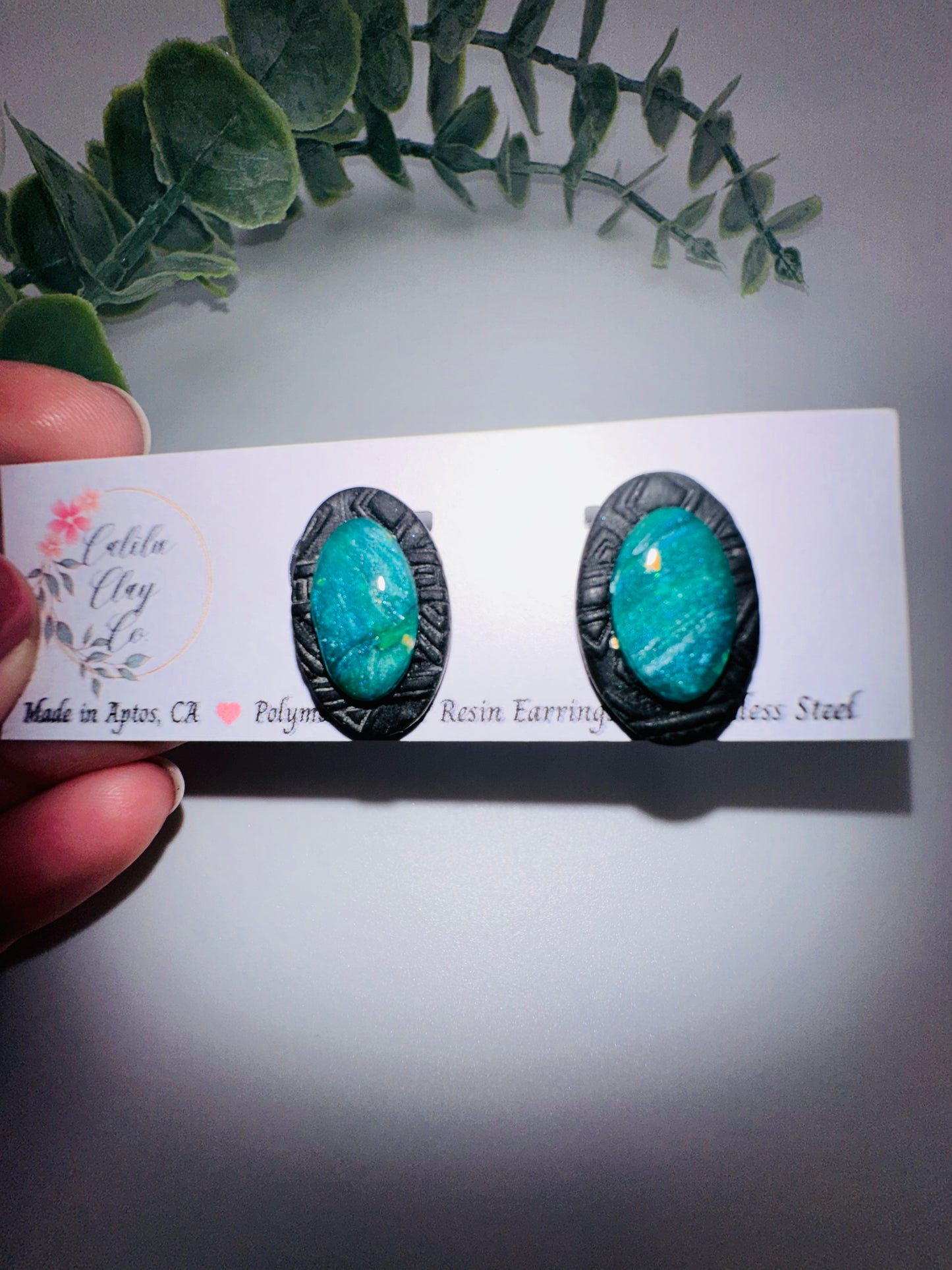 Teal Marbled Oval Studs