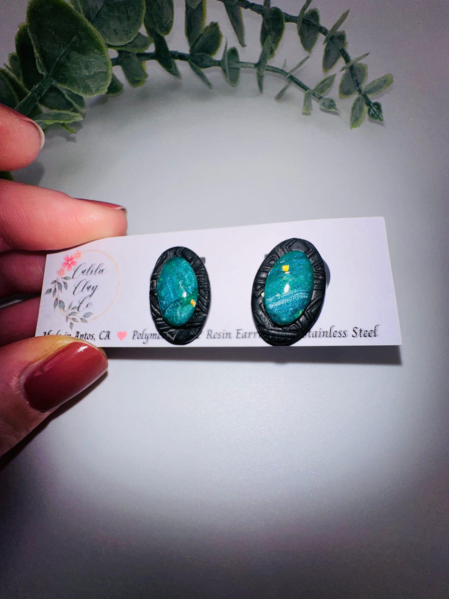Teal Marbled Oval Studs