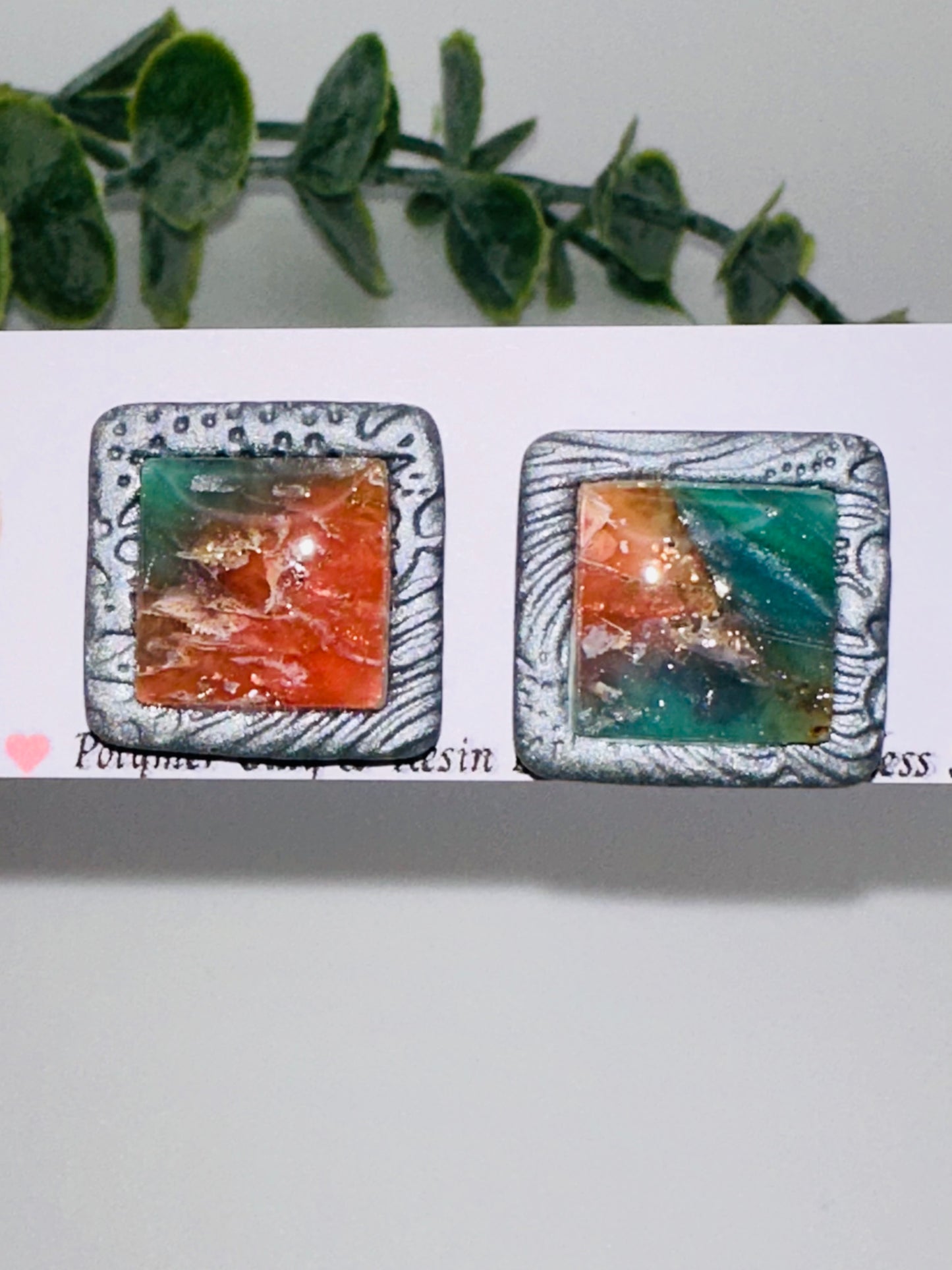 Marbled Pink and Blue Square Abstract Ocean Studs