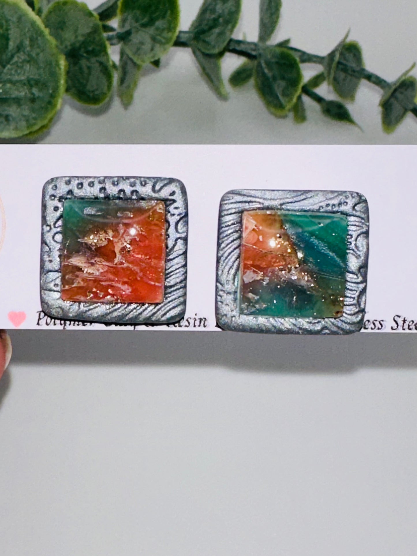 Marbled Pink and Blue Square Abstract Ocean Studs