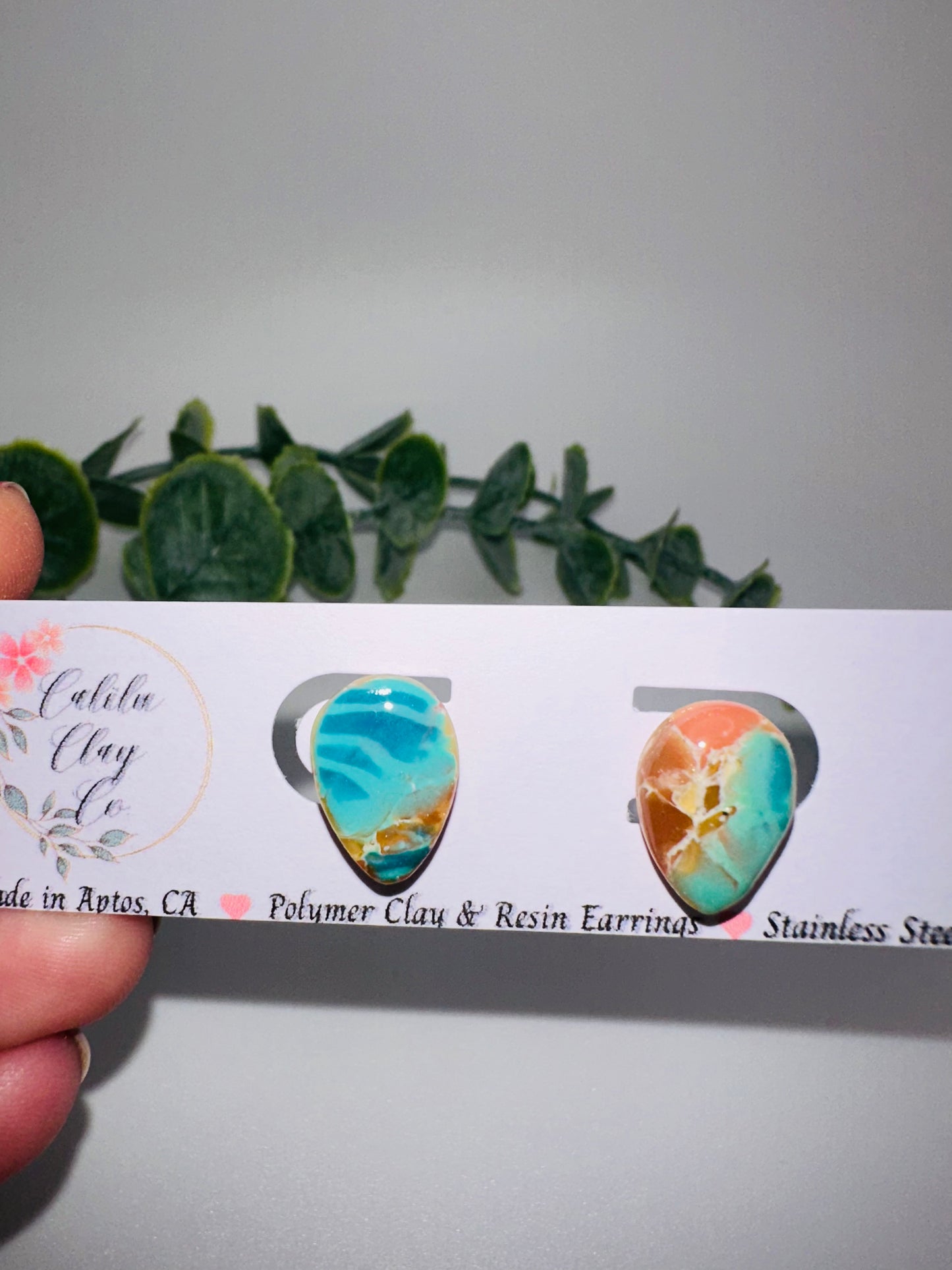 Marbled Pink and Blue Teardrop Abstract Ocean Studs