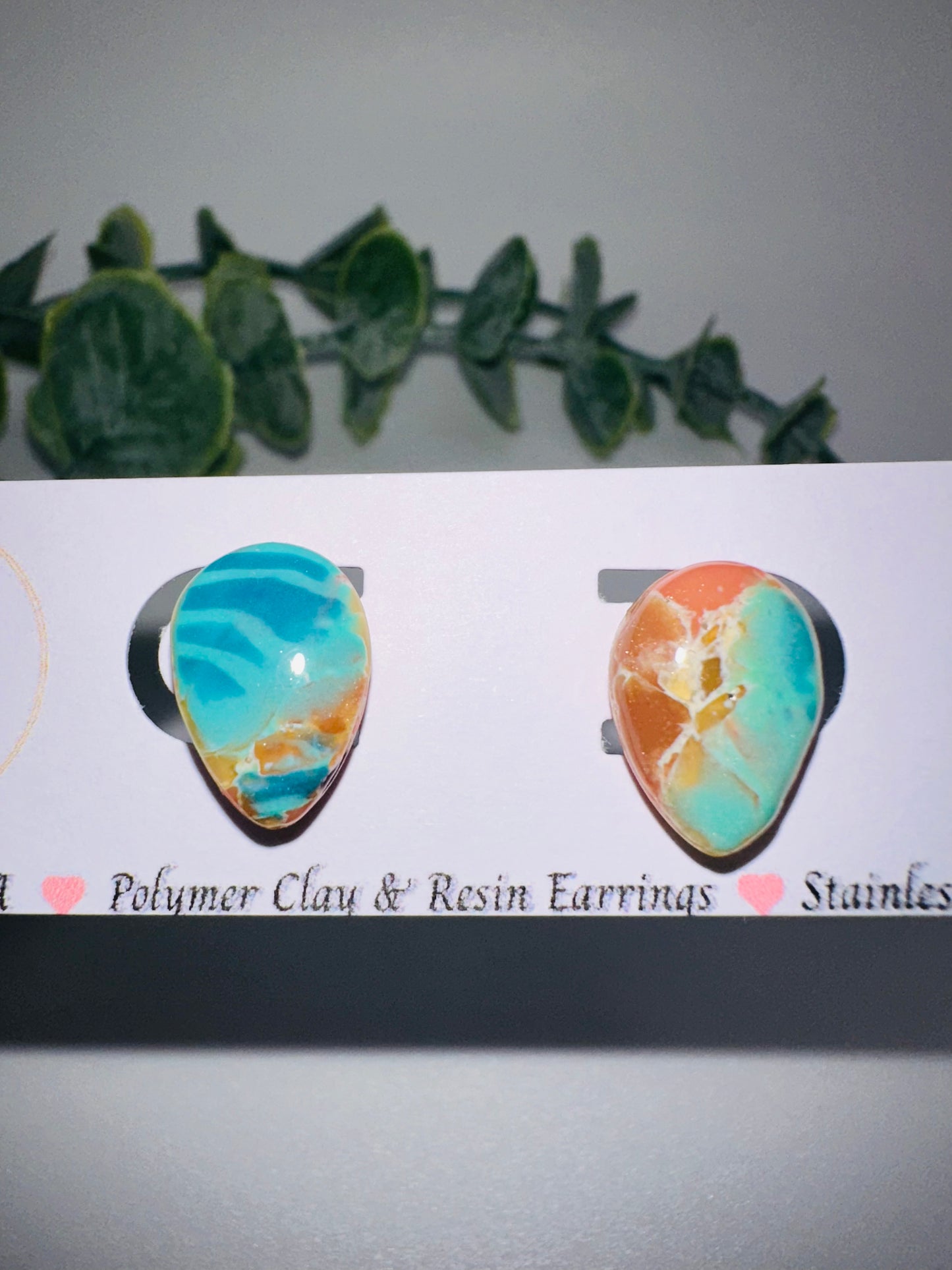 Marbled Pink and Blue Teardrop Abstract Ocean Studs