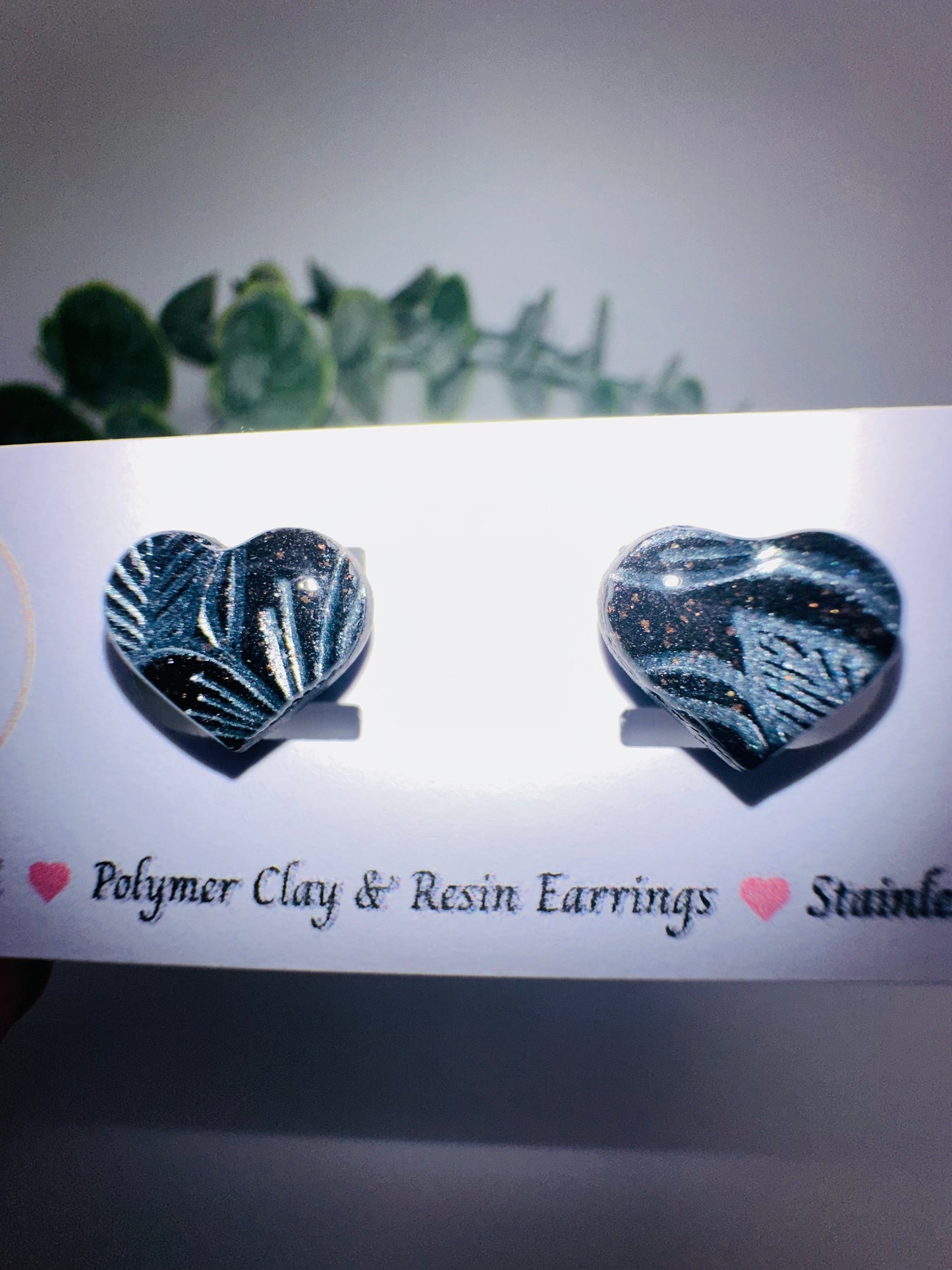 Black Heart Studs with Silver Leaves
