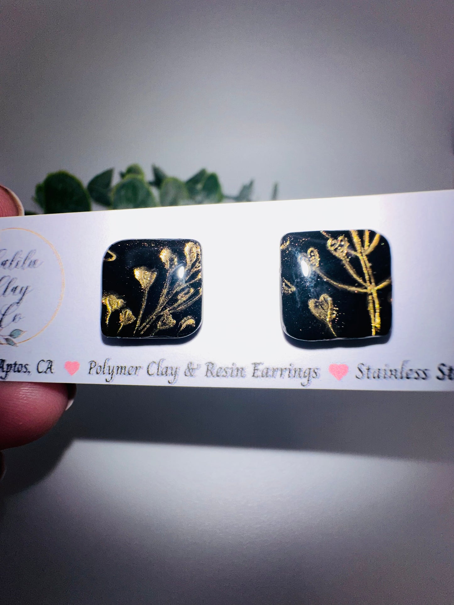 Black and Gold Floral Square Studs