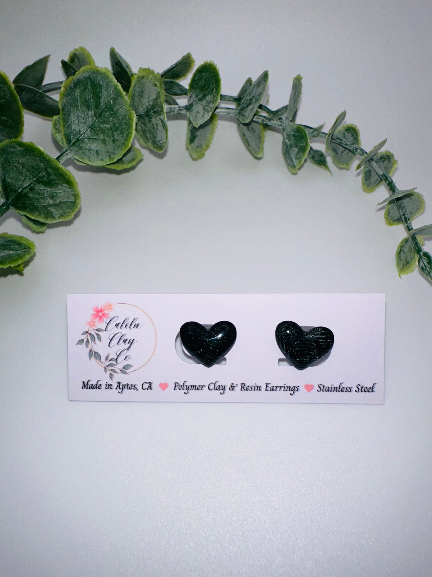 Black Heart Studs with Shimmery Leaf Pattern