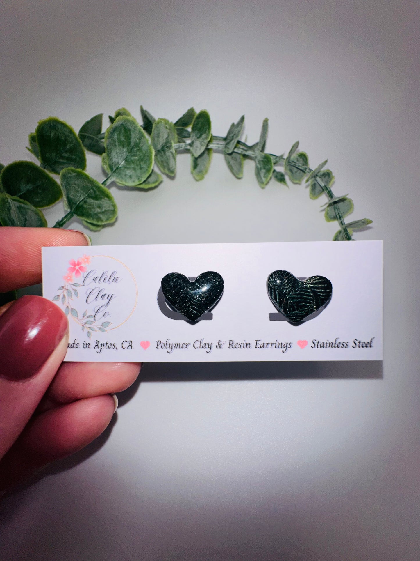 Black Heart Studs with Shimmery Leaf Pattern
