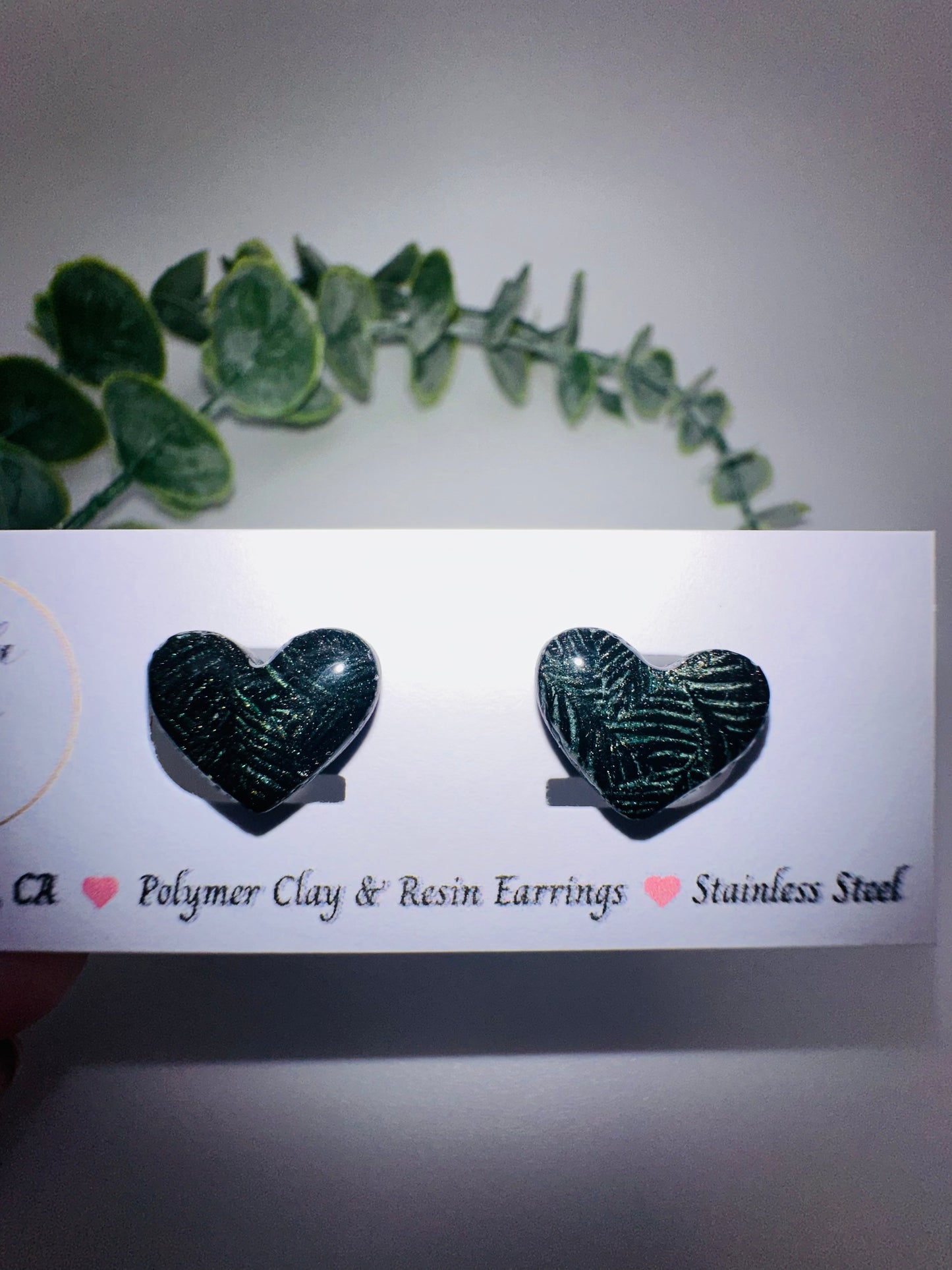 Black Heart Studs with Shimmery Leaf Pattern