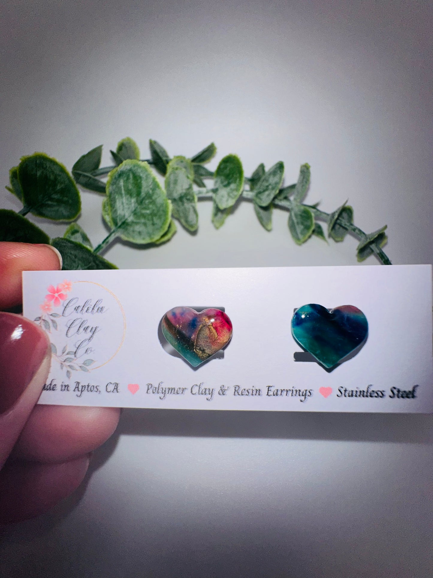 Rainbow Marbled Heart Studs