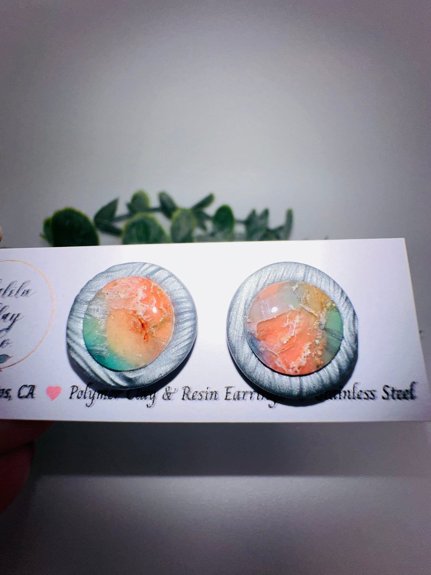 Round Marbled Pink and Blue Abstract Ocean Studs