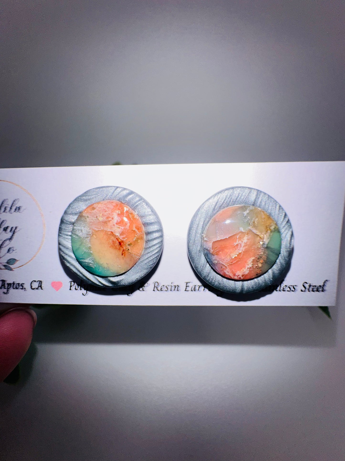Round Marbled Pink and Blue Abstract Ocean Studs