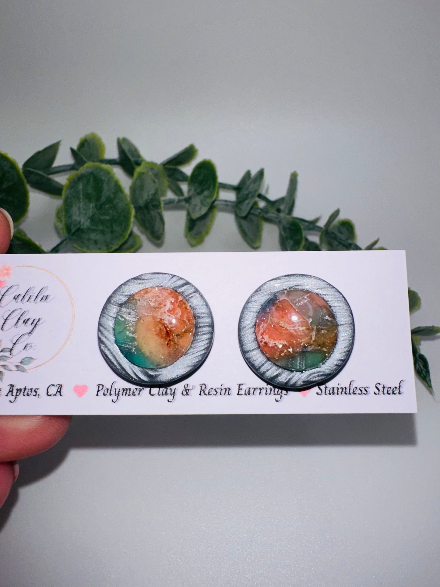 Round Marbled Pink and Blue Abstract Ocean Studs