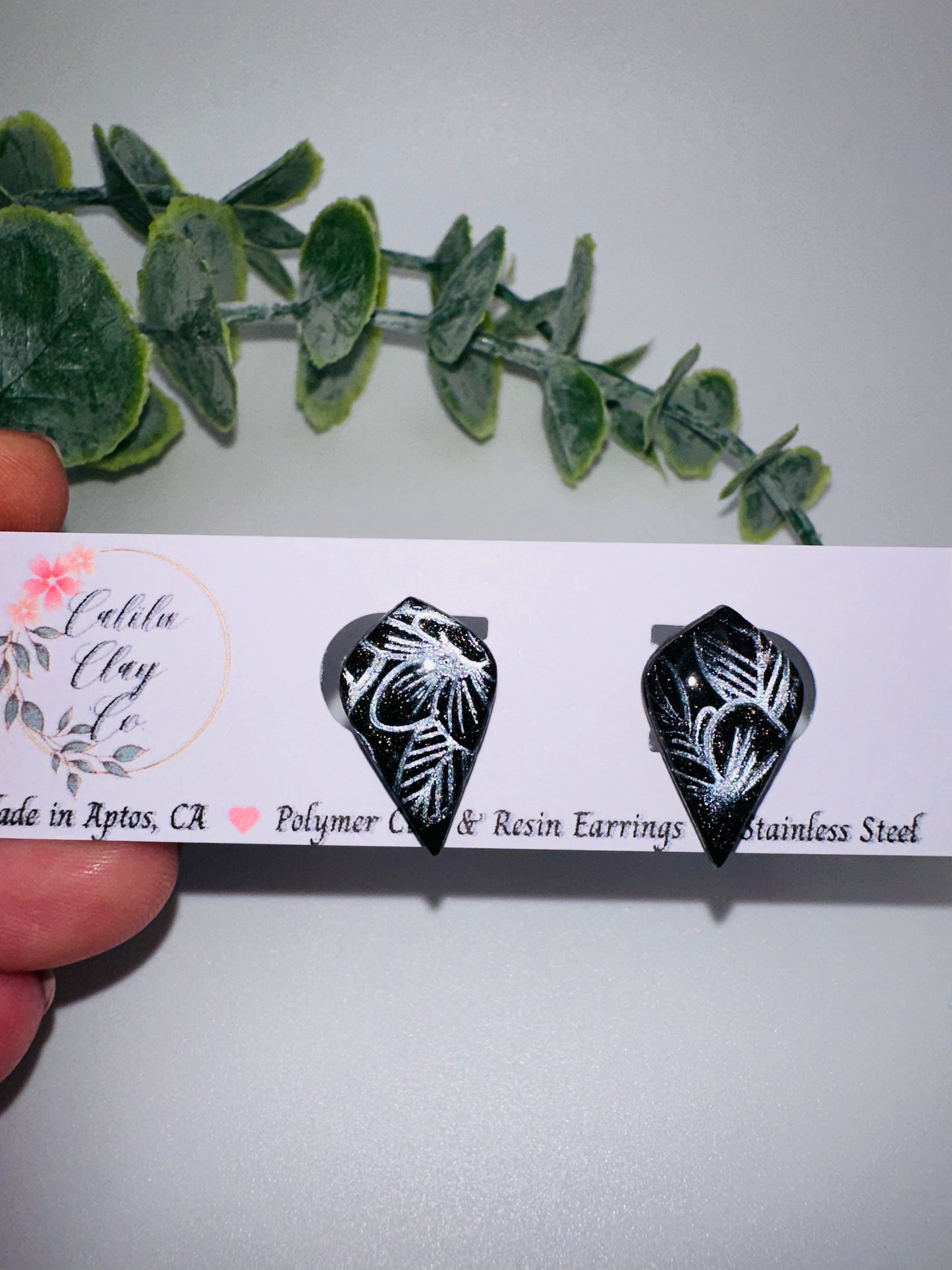 Black and Silver Floral Drop Studs