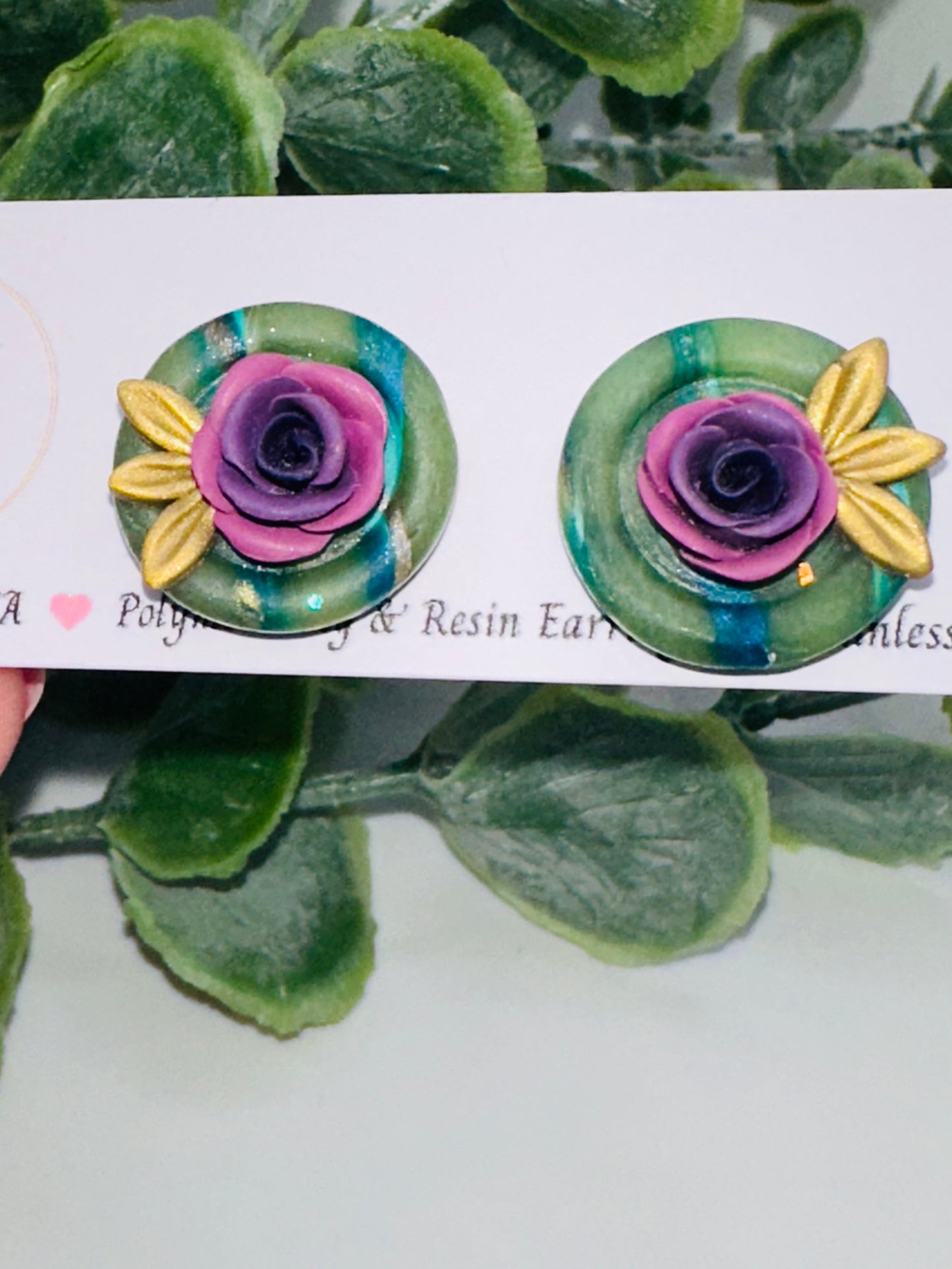 Purple Rose Studs with Marbled Green Bezel