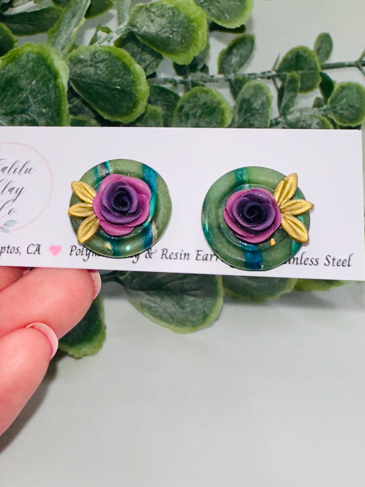 Purple Rose Studs with Marbled Green Bezel