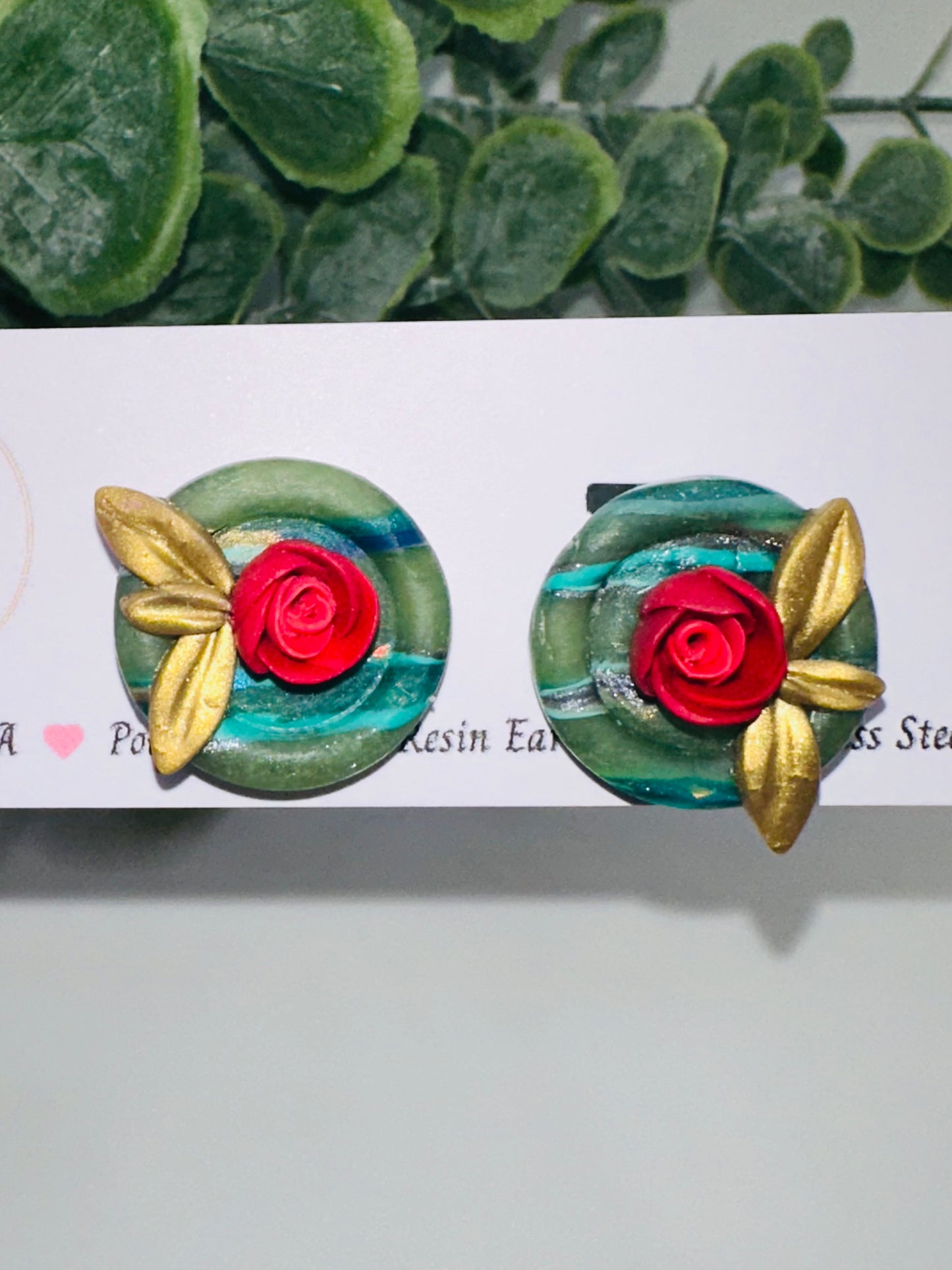 Red Rose Studs with Marbled Green Bezel