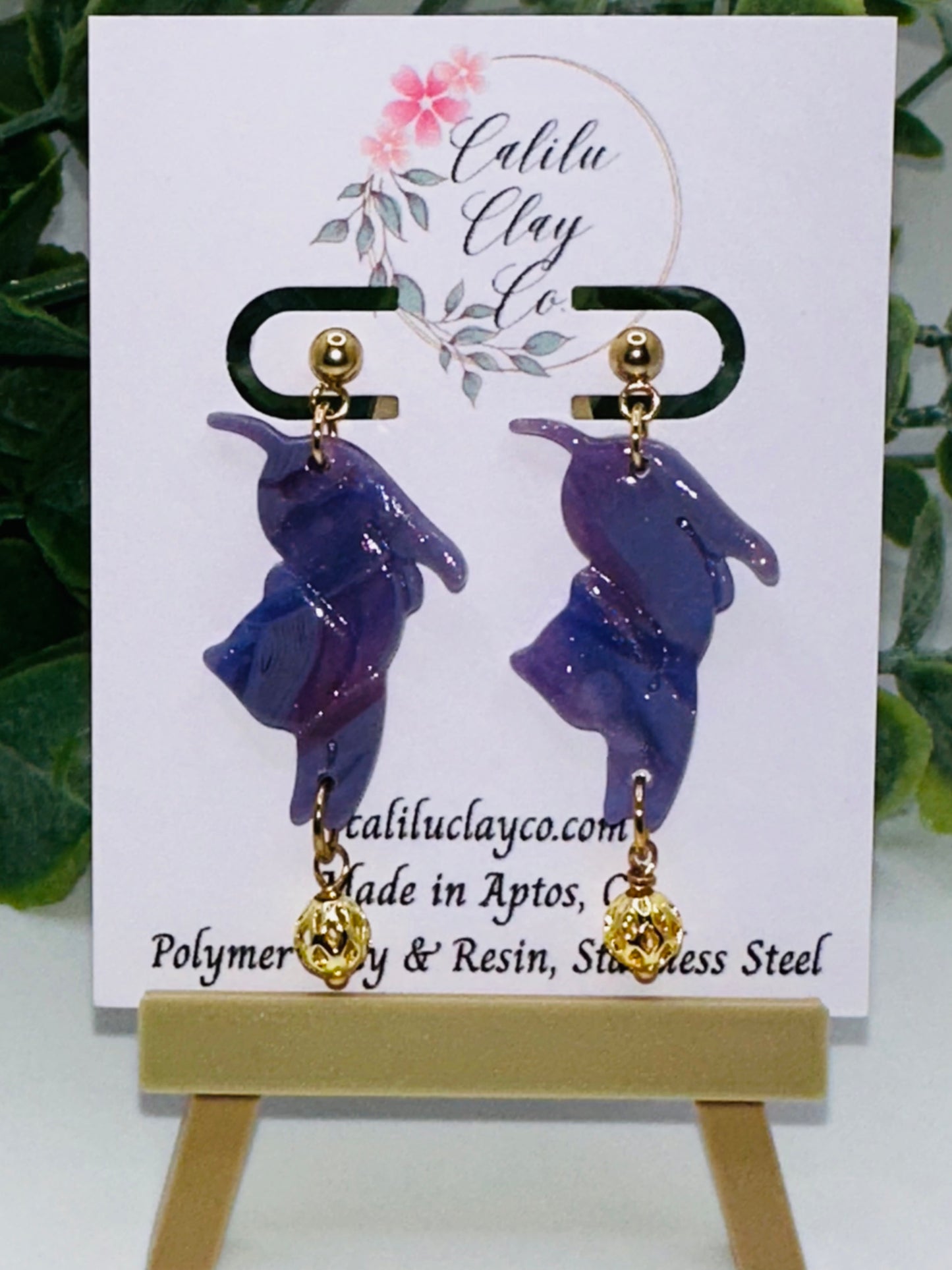 Purple Cat Chasing Ball Polymer Clay Dangle Earrings