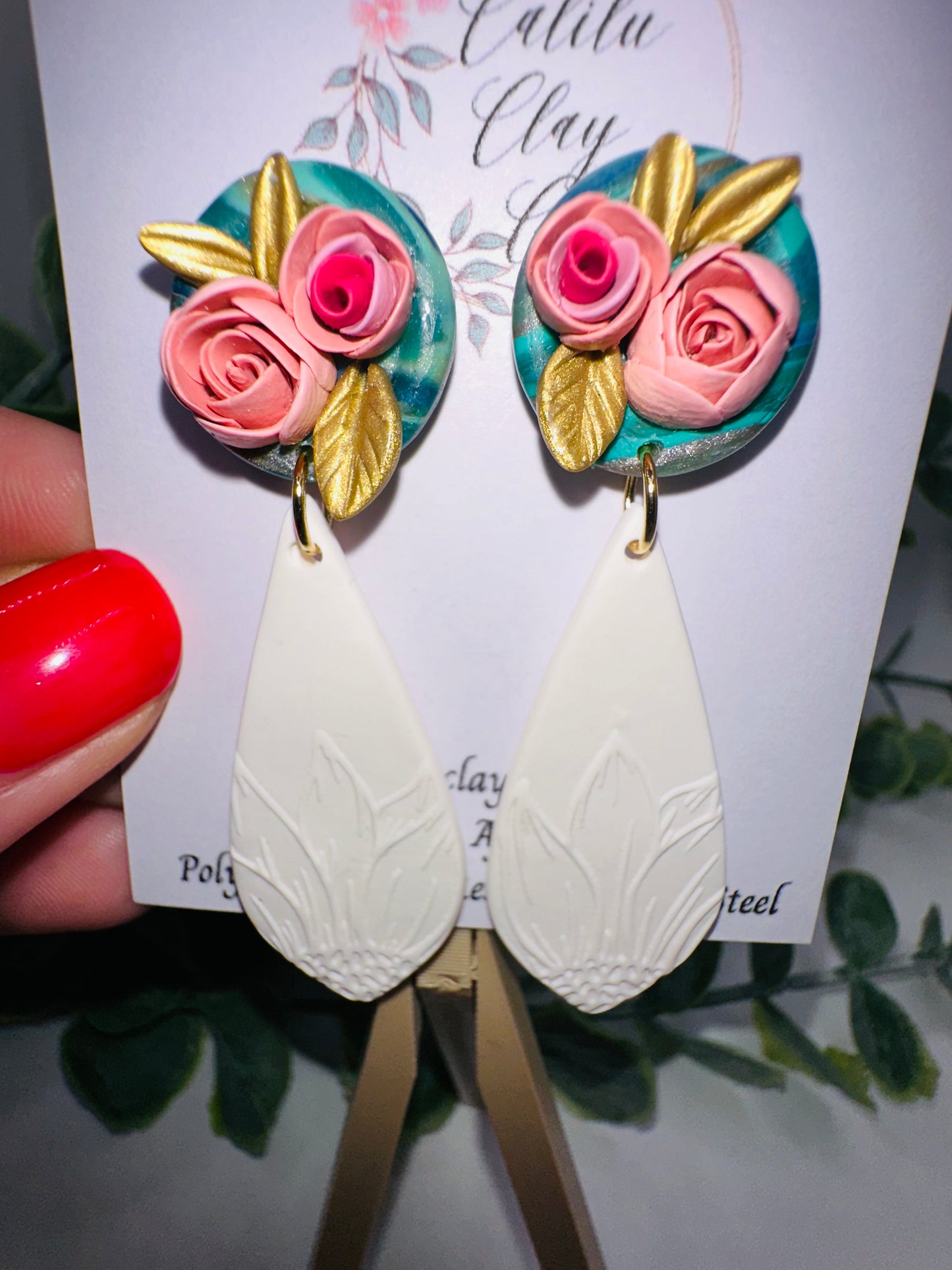 Sculpted Roses Studs with White Sunflower Dangles Polymer Clay Earrings
