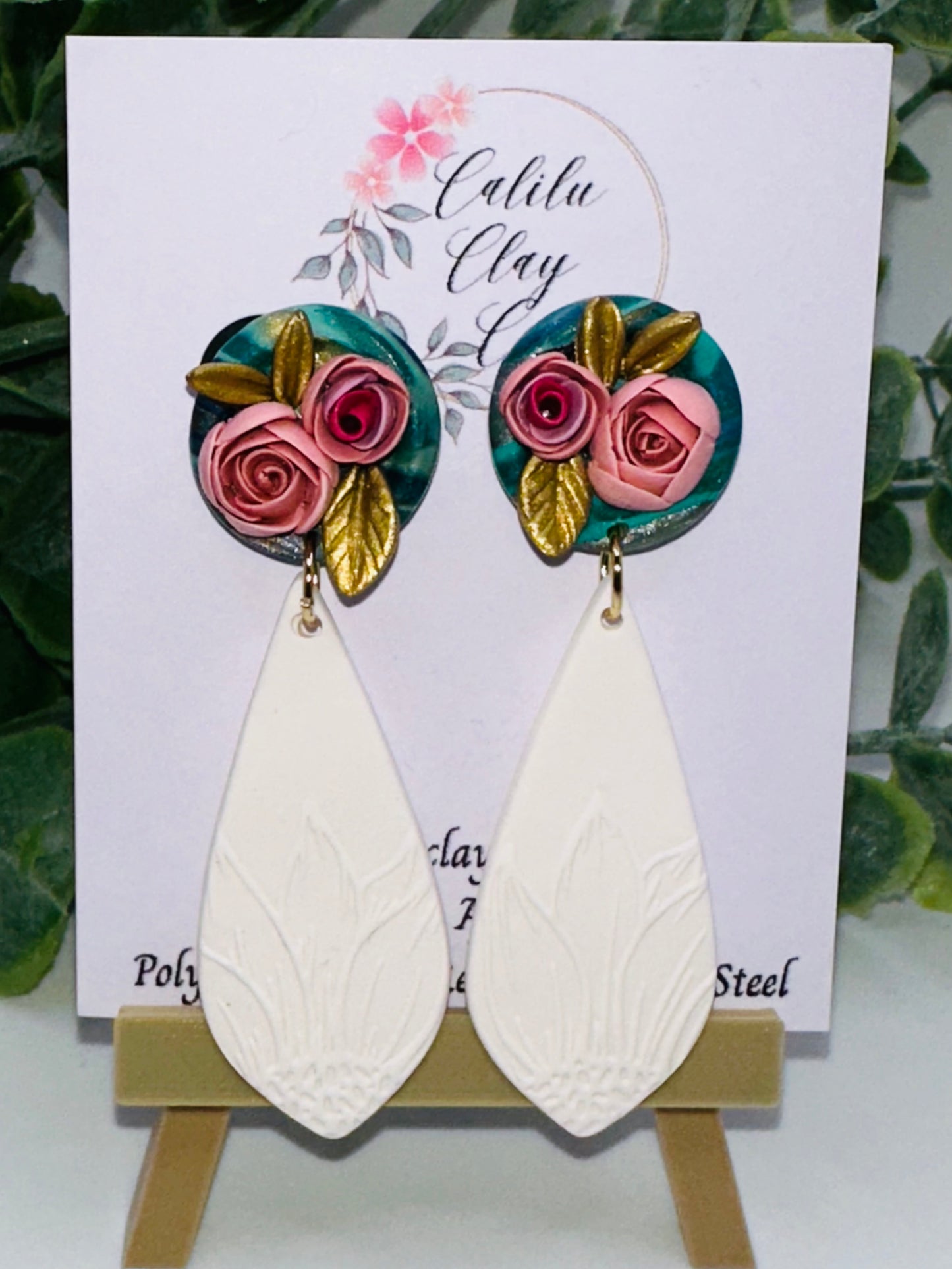 Sculpted Roses Studs with White Sunflower Dangles Polymer Clay Earrings