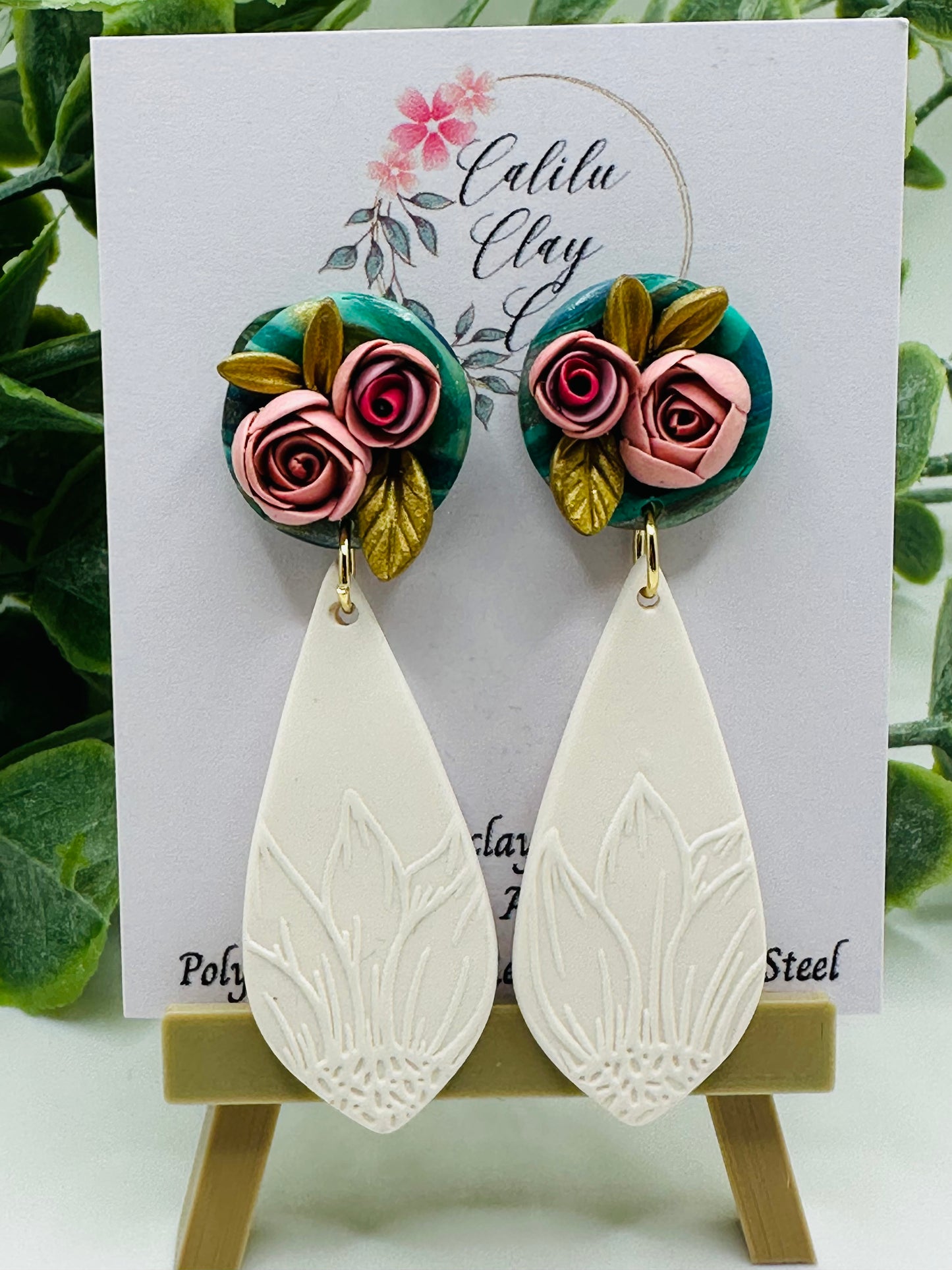 Sculpted Roses Studs with White Sunflower Dangles Polymer Clay Earrings