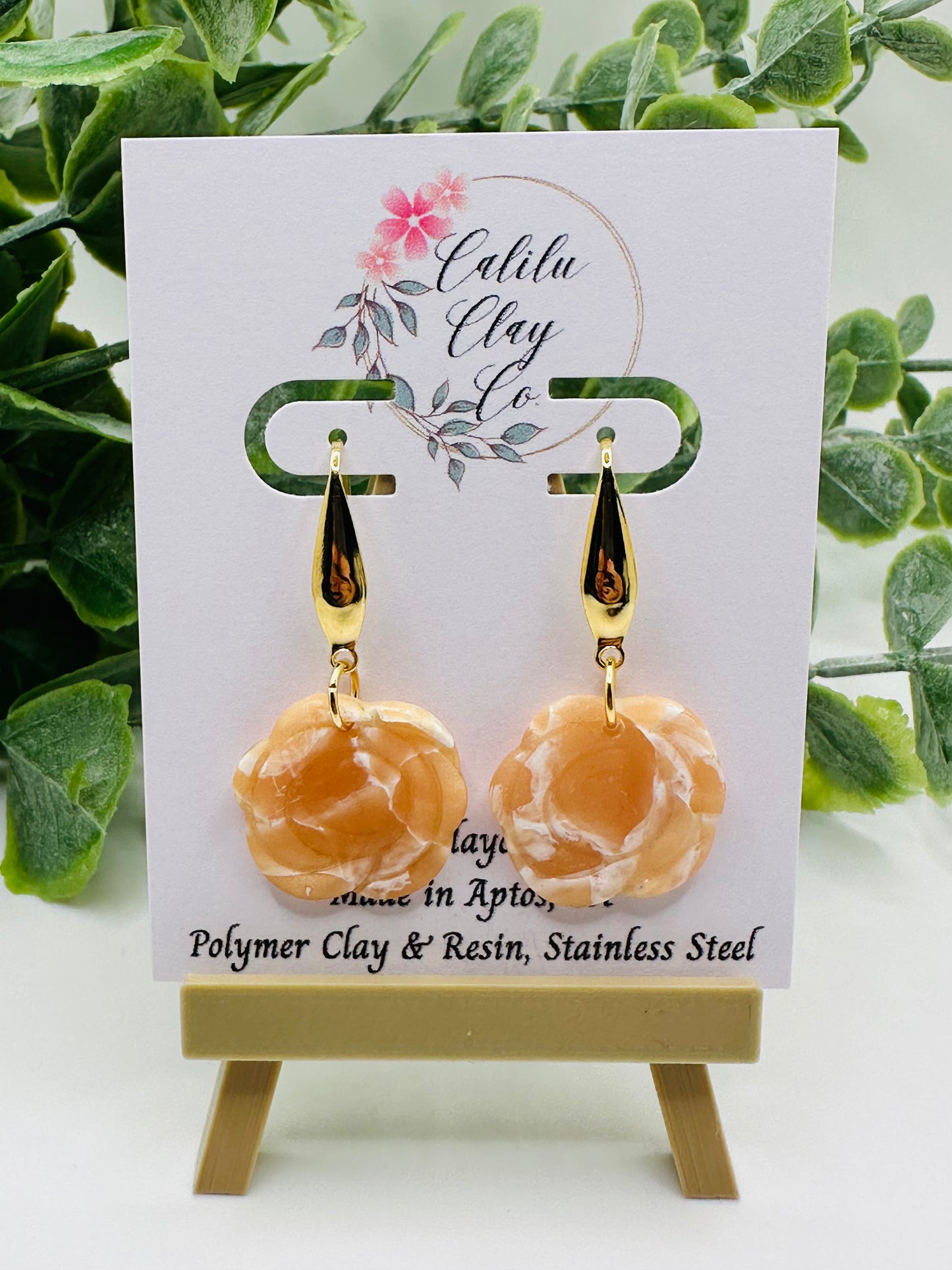 Alabaster Marbled Rose Polymer Clay Dangle Earrings