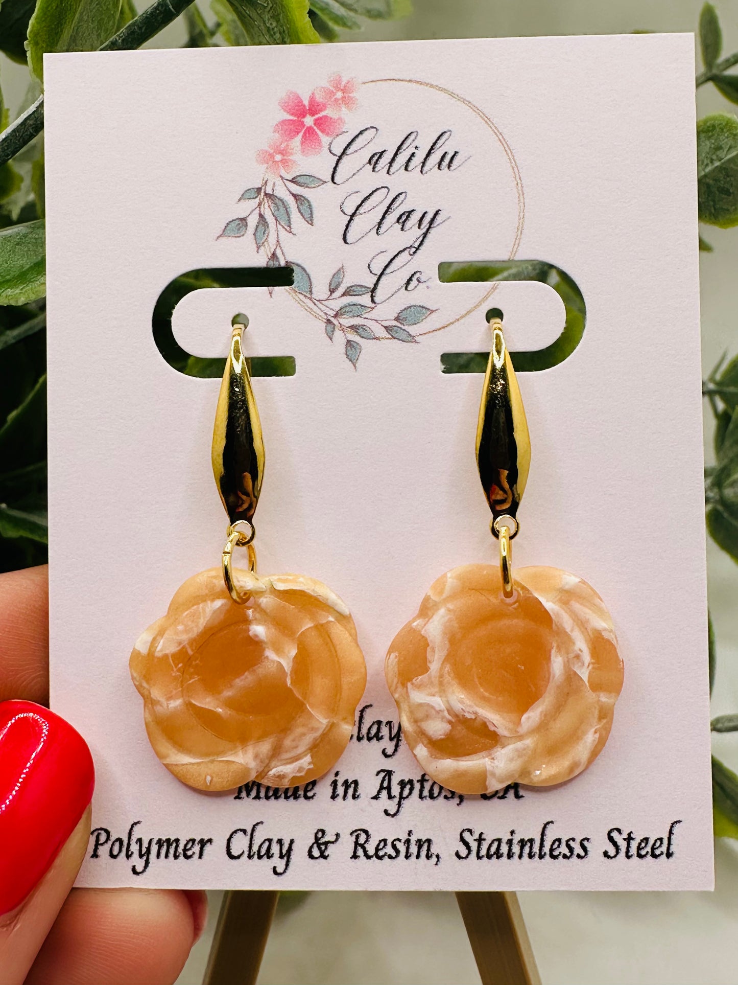 Alabaster Marbled Rose Polymer Clay Dangle Earrings