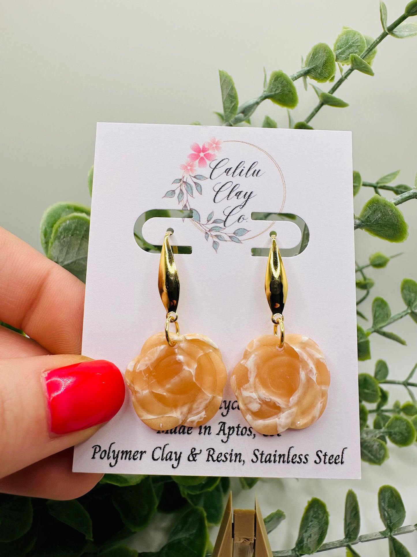 Alabaster Marbled Rose Polymer Clay Dangle Earrings