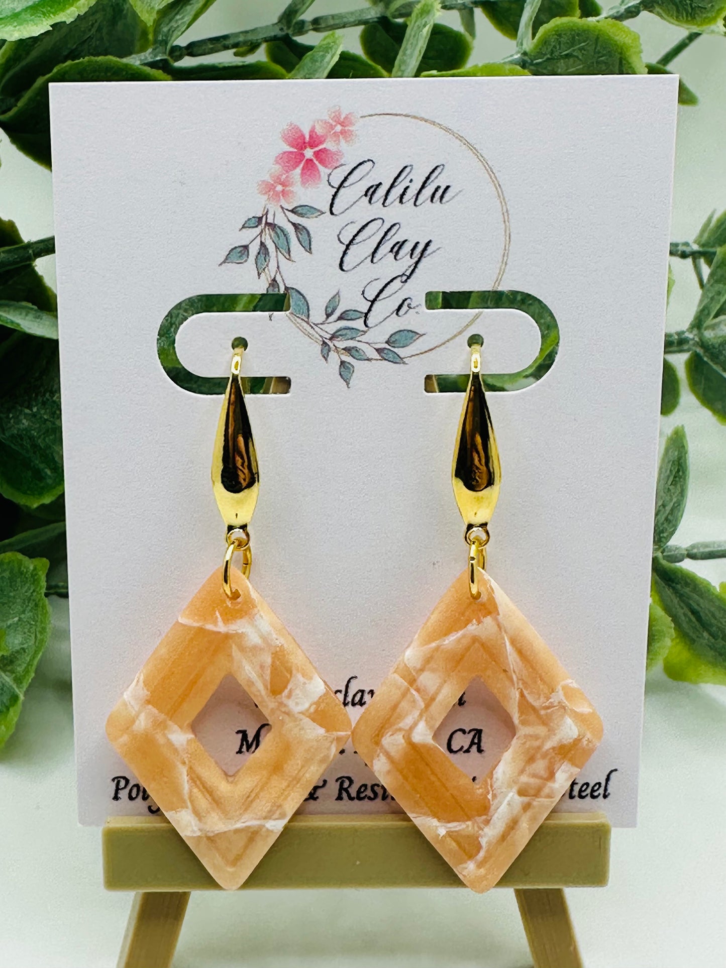 Alabaster Marbled Diamond Polymer Clay Dangle Earrings