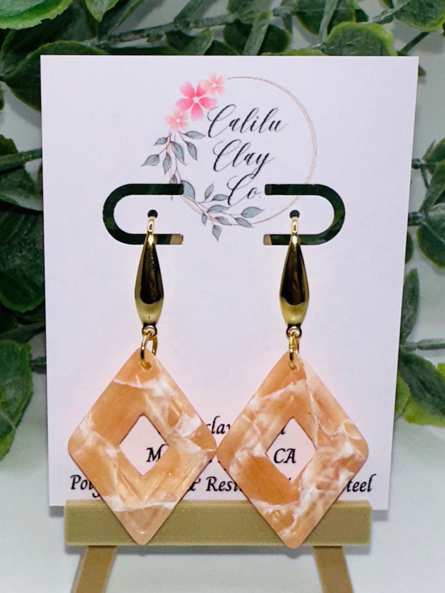 Alabaster Marbled Diamond Polymer Clay Dangle Earrings