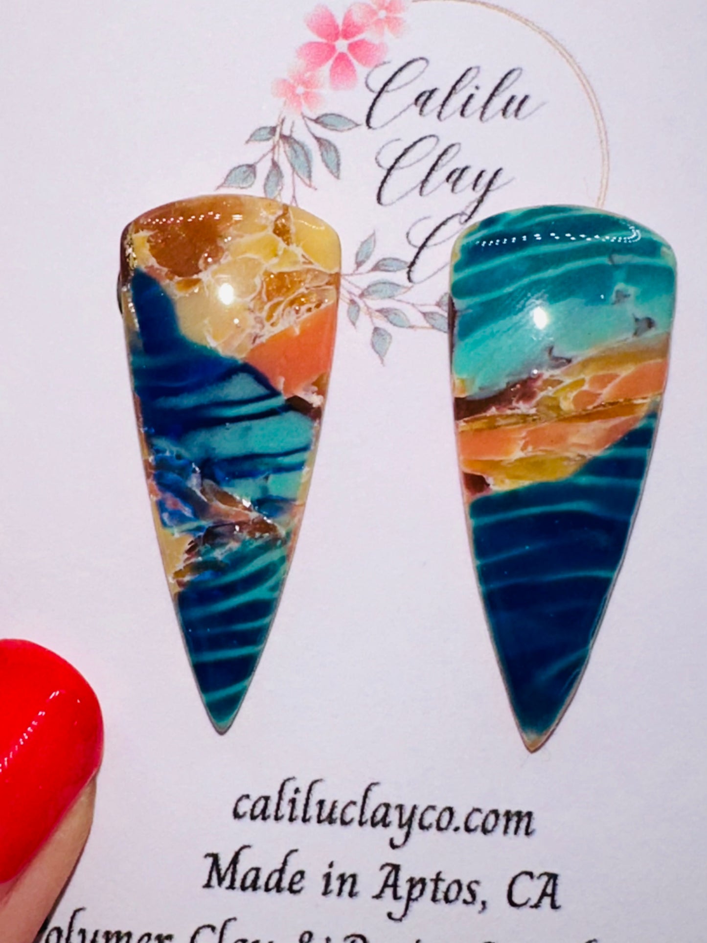 Ocean Waves and Seaglass Long Shield Stud Earrings