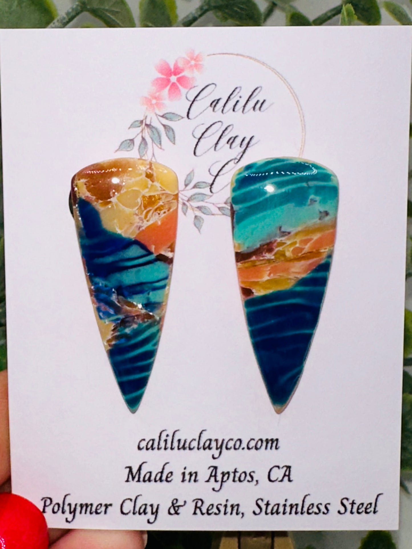 Ocean Waves and Seaglass Long Shield Stud Earrings