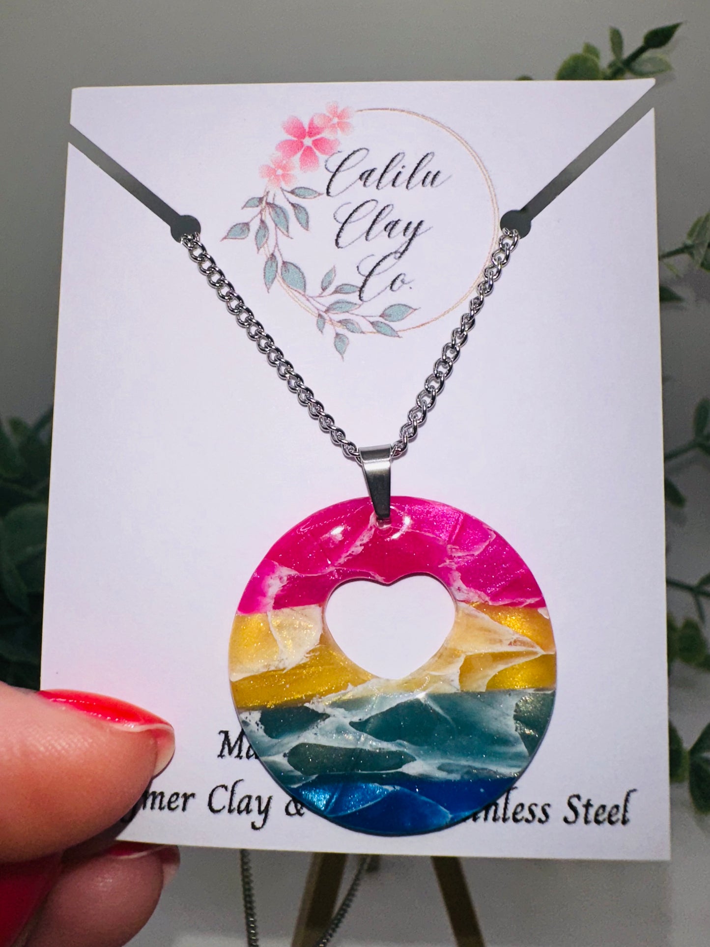 Round Rainbow Pendant with Heart Cutout Necklace